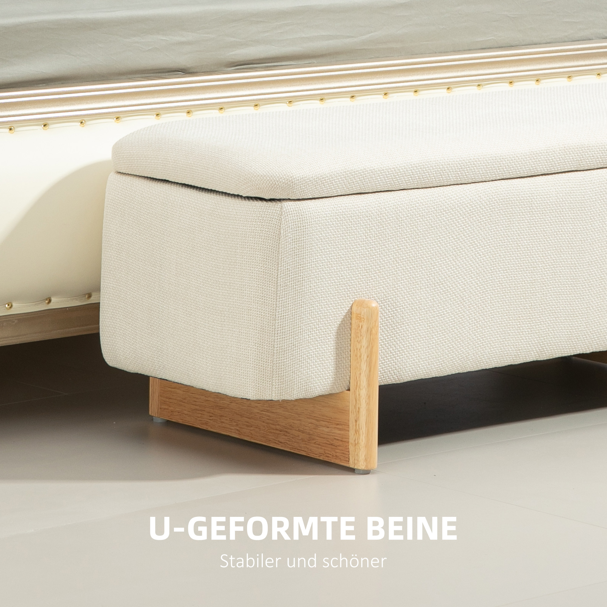 Hocker mit Stauraum, Sitzbank mit Schaumstoffpolsterung, Leinenimitat, 111 x 44 x 44,5 cm, Cremeweiß