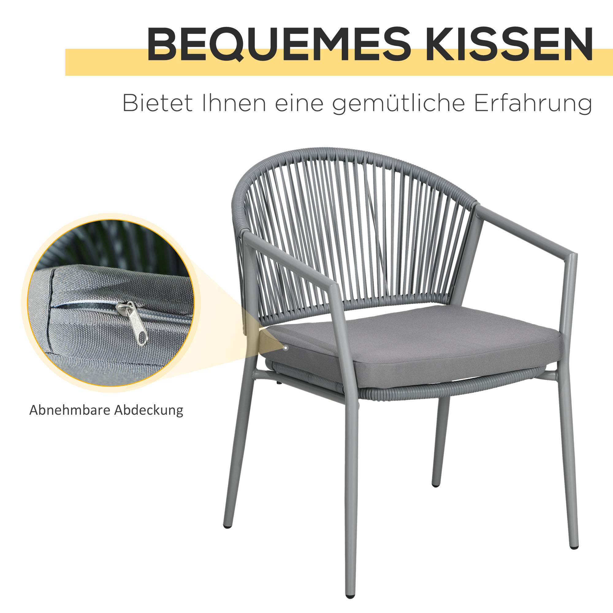 Gartenmöbel-Set, 2 Stühle & 1 Tisch mit Glasplatte, Rattanoptik, wetterfest, Metallrahmen, Grau