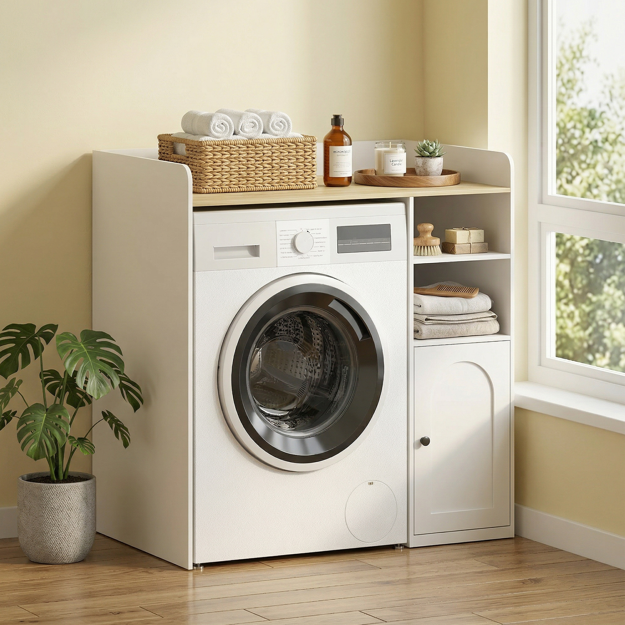 Schrank über der Waschmaschine mit Soft-Close-Scharnieren, moderner Bad-Organizer über der Toilette mit offenen Ablagefächern