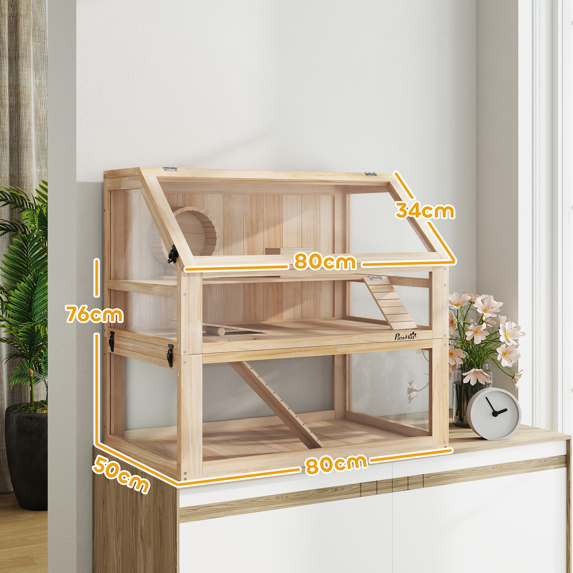 Hamsterkäfig aus Holz 3 Etagen Nagarium Nagerkäfig mit klappbarem Deckel Laufrad 80 x 50 x 76 cm Naturholz