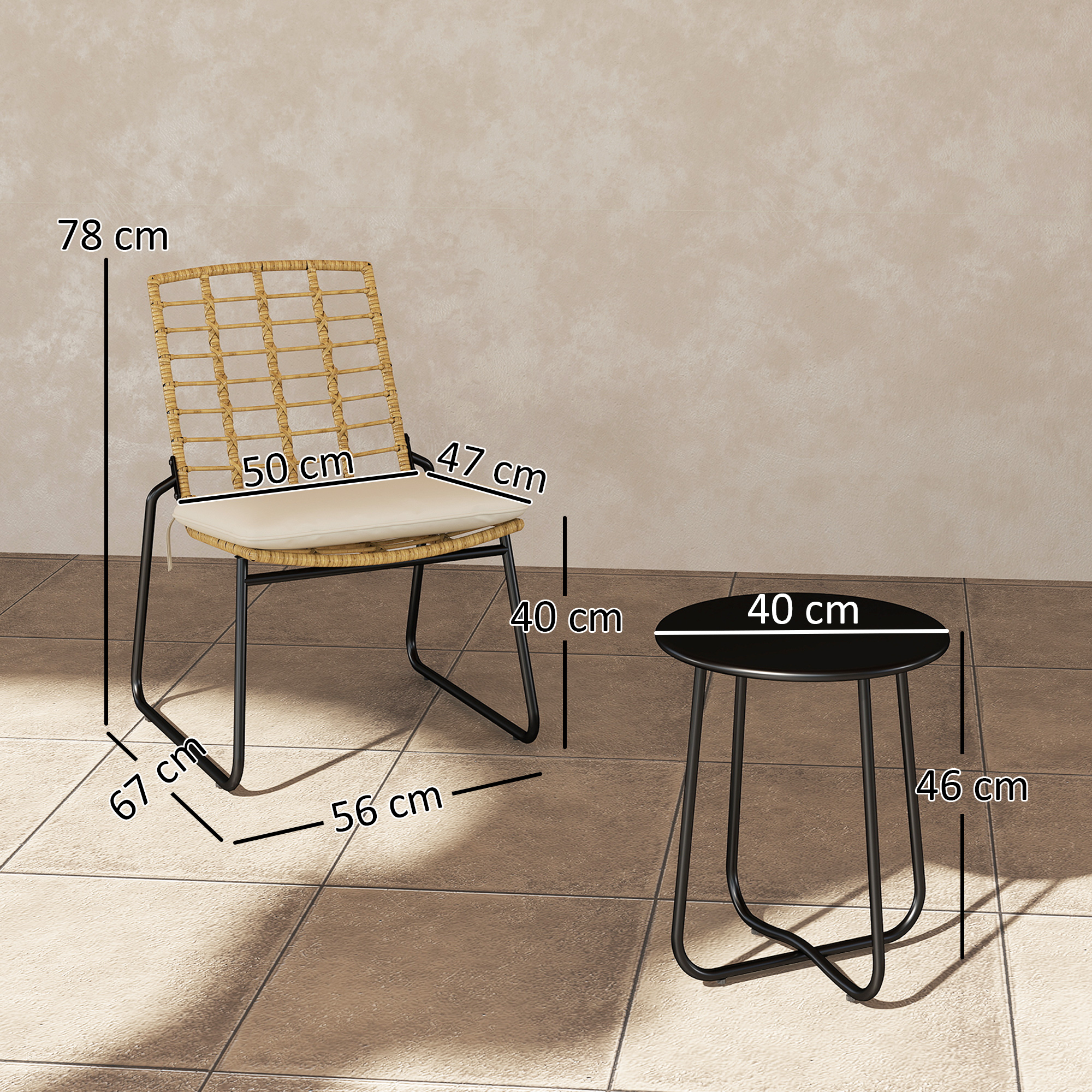 3-teiliges Gartenmöbel-Set, 2 Rattan-Stühle, 1 Tisch mit Metallplatte, Sitzkissen, Bistro-Set, Beige & Braun