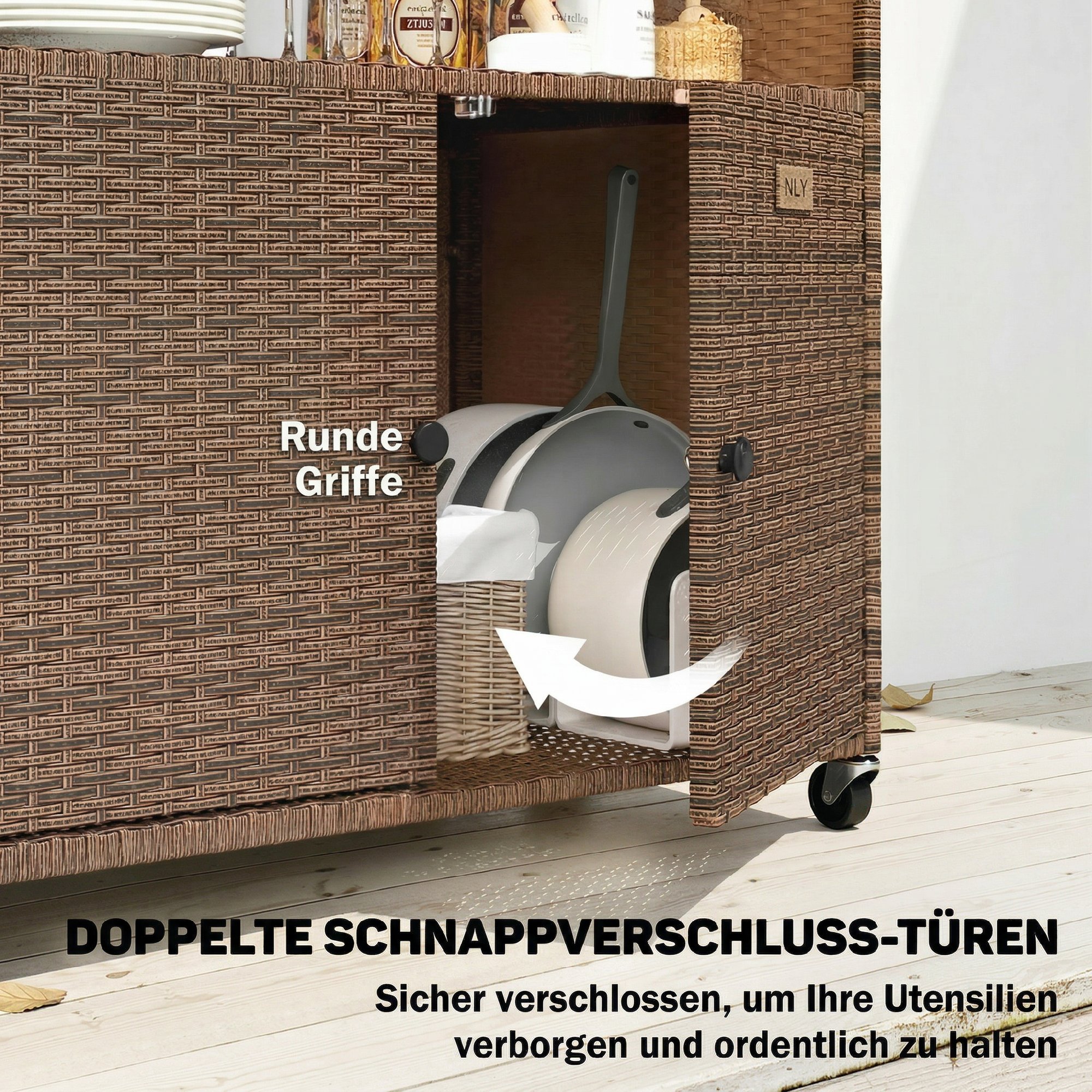 Servierwagen Rattan Küchenwagen mit FSC Eukalyptusholz-Arbeitsplatte Ablagefach Rollen Seitengriff 95 x 54 x 84 cm