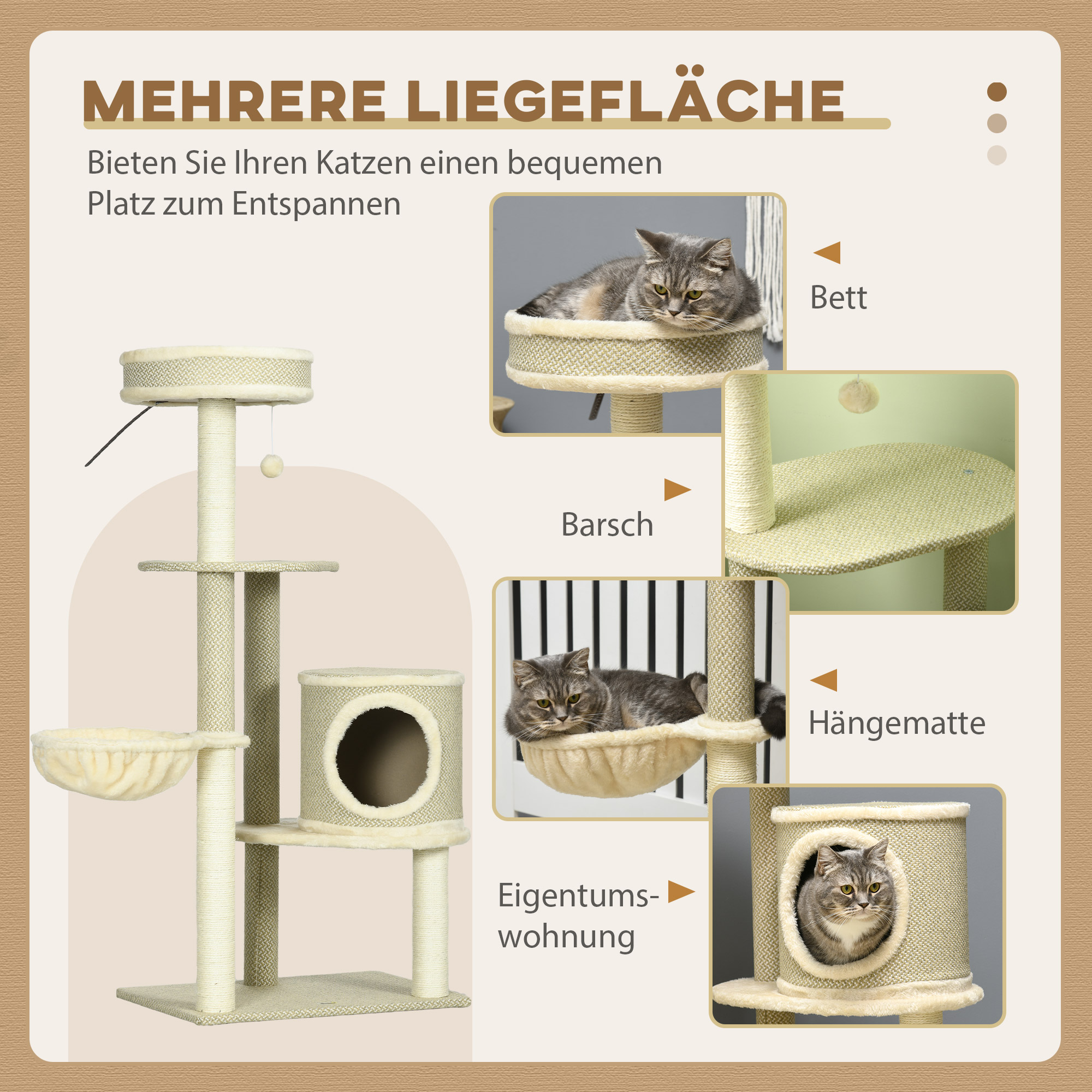 Kratzbaum Katzenbaum, 1 Katzenbett, 1 Katzenhöhle, 2 Liegeflächen, 124 cm x 59 cm x 40cm +Beige
