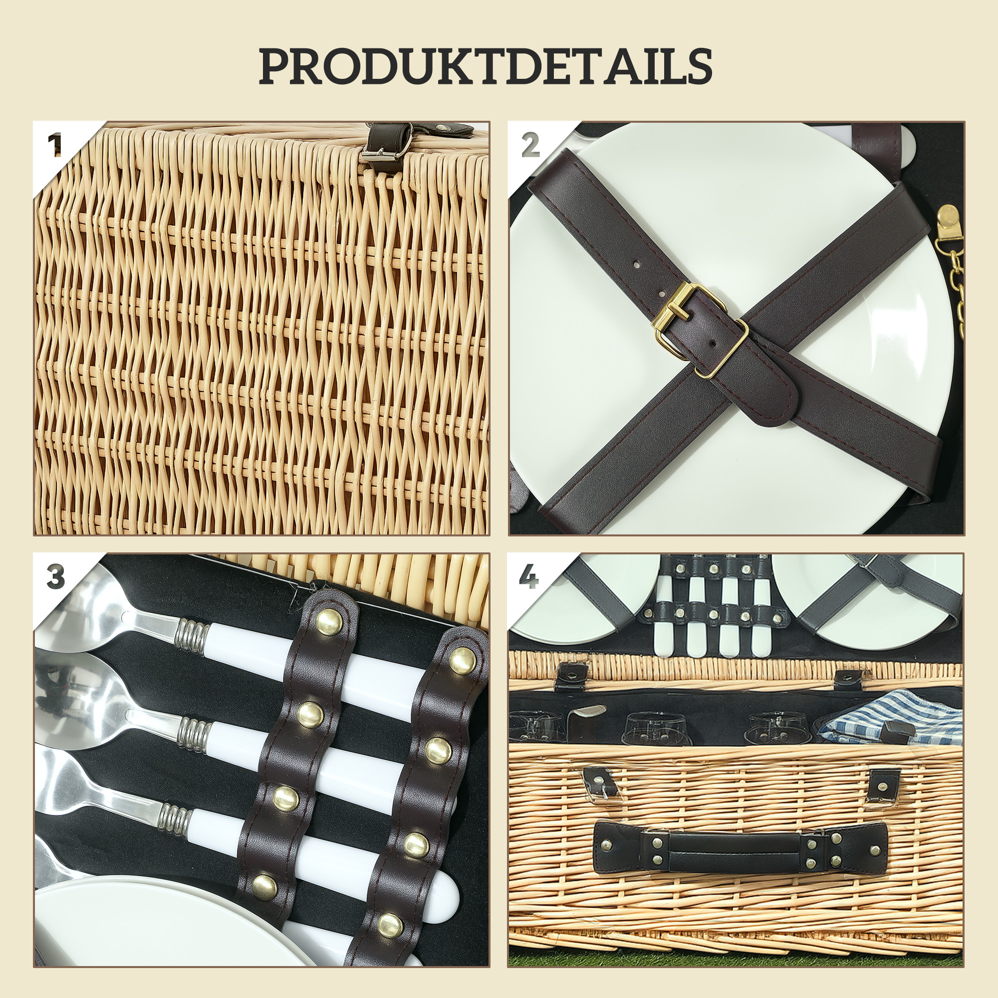 Picknickkorb aus Weidenholz Picknickkoffer für 4 Personen mit Isoliert Kühlfach Besteck Set Naturholz