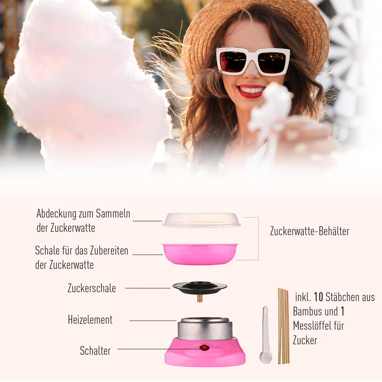 Zuckerwattemaschine für Zuhause Cotton Candy Machine Zuckerwatte Maschine mit Stäbchen und Messlöffel Höhe 18 cm 550W für Kinderfest, Geburtstag, Party Rosa