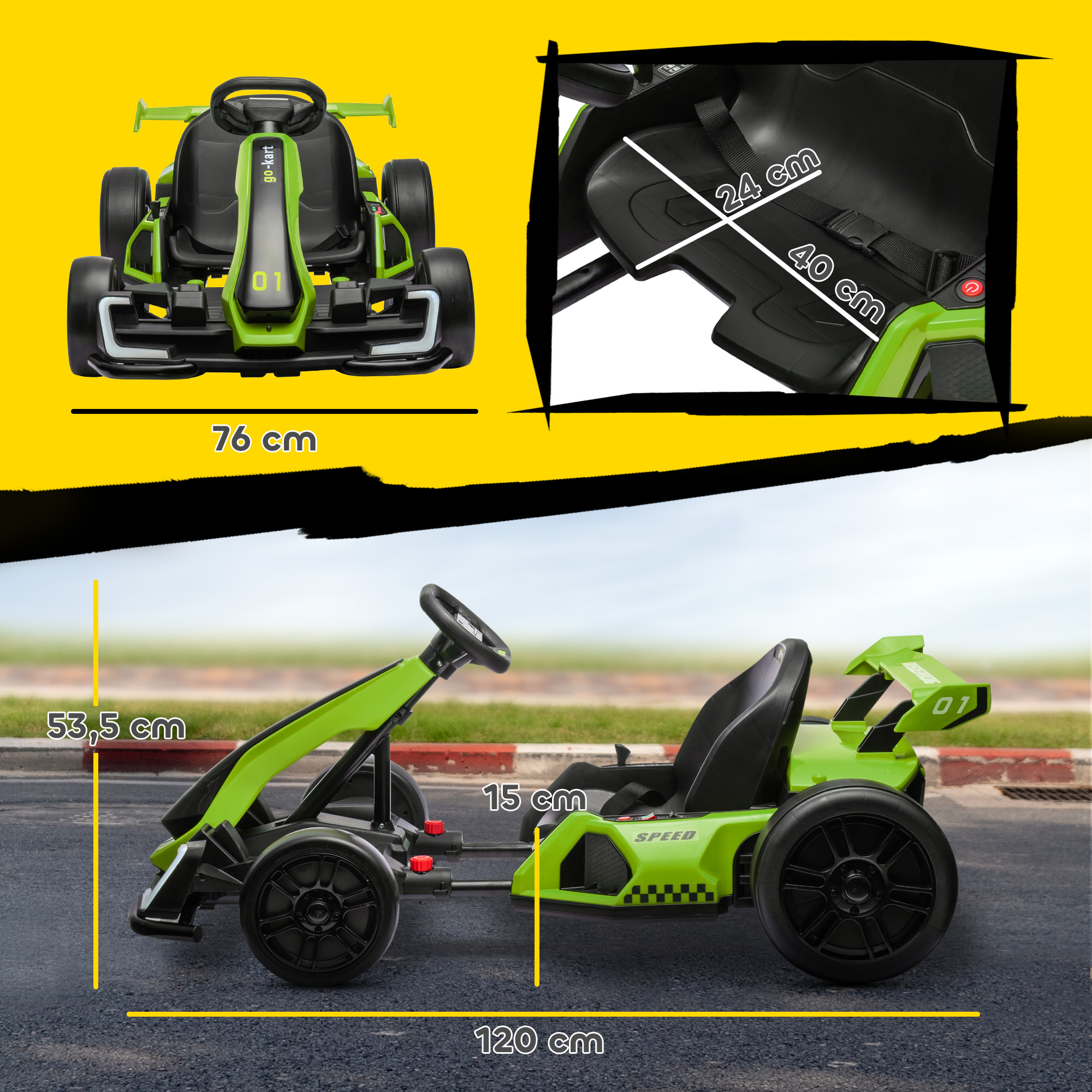 24V Elektro Go-Kart, für Kinder, bis 12 Km/h Gokart mit Drift-Funktion, 2 Motoren, verstellbarer Sitz, Sanftanlauf, grün