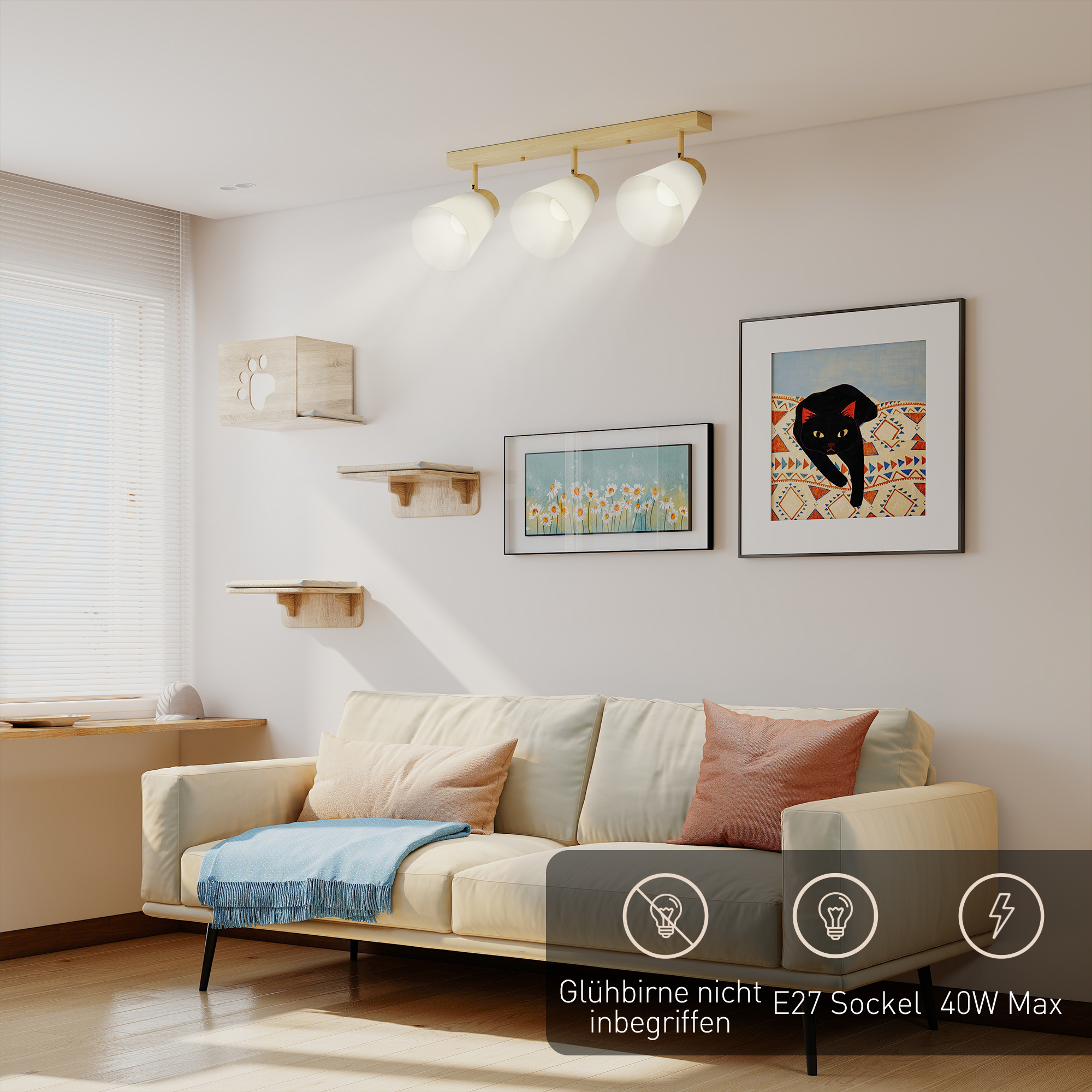 Deckenleuchte LED 40W Deckenlampe mit Doppelmontage und 90° verstellbaren Köpfen mit 3 E27-Fassungen Naturholz