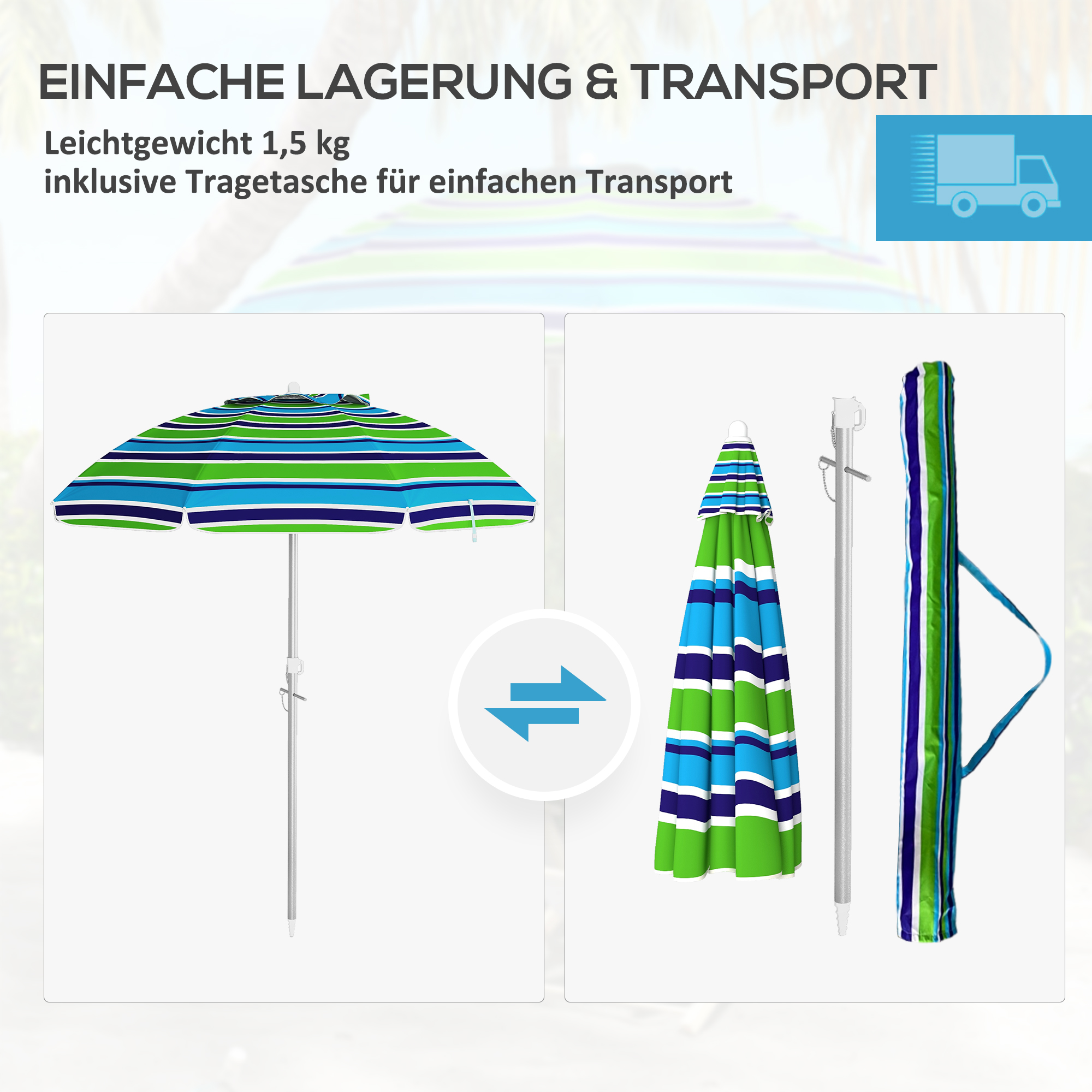 Sonnenschirm Strand Ø178 cm UV40+ windfest stabil höhenverstellbar Strandschirm mit Neigung Belüftung Tasche Mehrfarbig