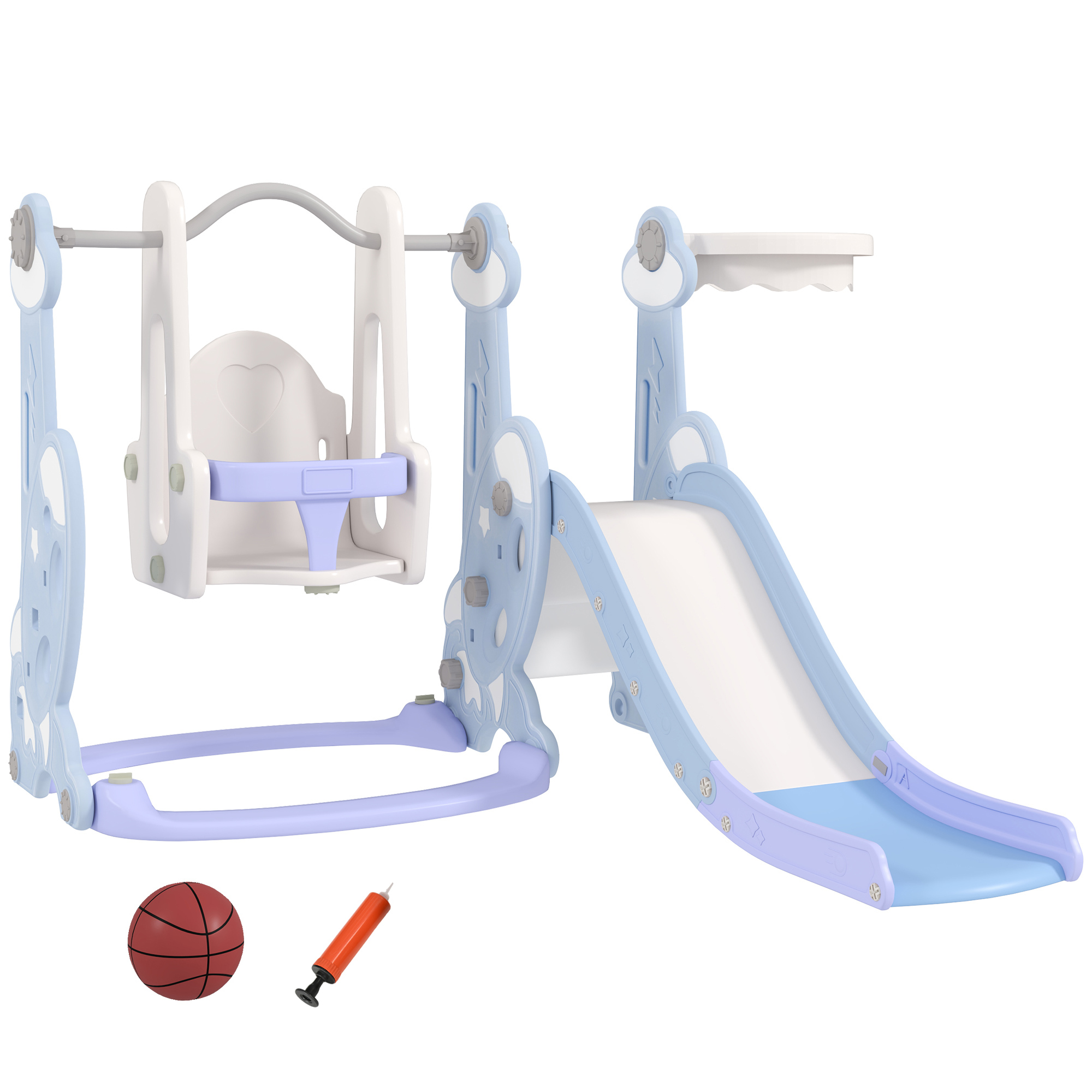 4-in-1 Indoor-Spielplatz, Rutsch- und Schaukelset für Kleinkinder, Basketballkorb, Raketendesign, Kunststoff, Hellblau 4-in-1 Indoor-Spielplatz, Rutsch- und Schaukelset für Kleinkinder, Basketballkorb, Raketendesign, Kunststoff, Hellblau