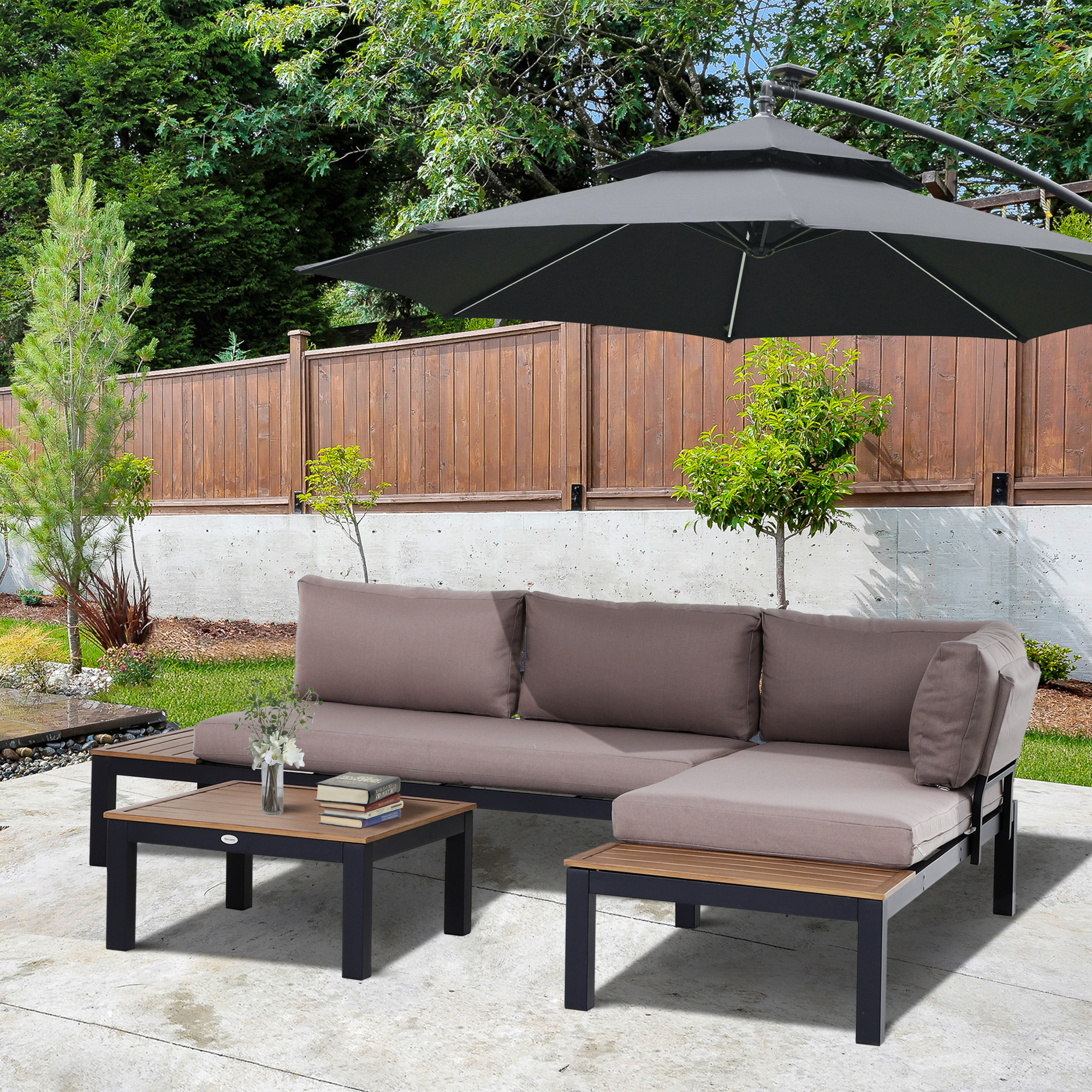 Gartenmöbel-Set für 3 Personen mit Beistelltisch, Sofa mit Kissen, Outdoor, Aluminium, 164 x 74 x 69 cm