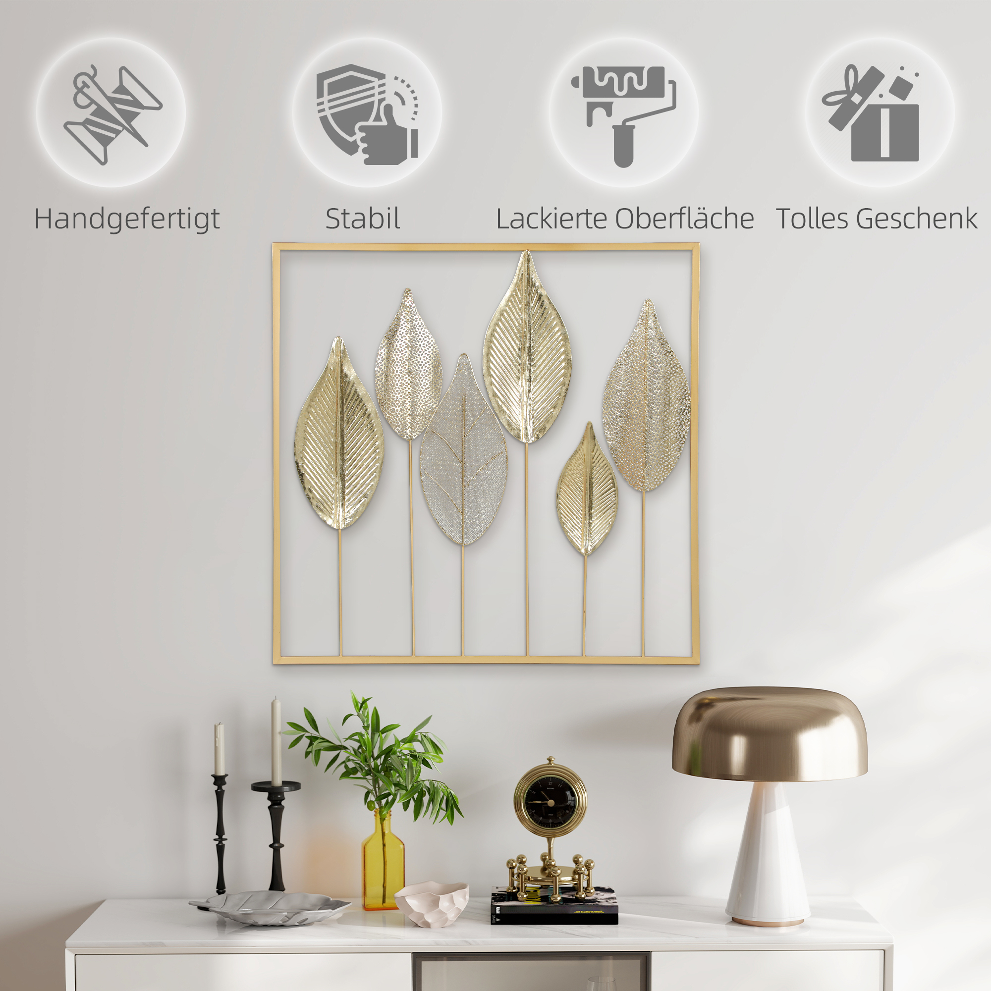 Metallrahmen mit Blattdesign, Wandschmuck, moderner Stil, Goldfarben