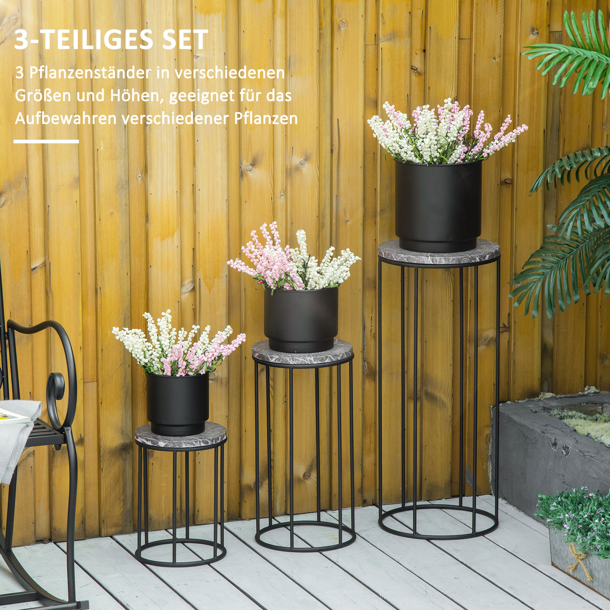 Blumenständer 3er Set aus Metall Pflanzenständer Set in Marmoroptik Blumenhocker Blumentopfhalter Stapelbar Pflanzenhocker für Blumentopf Schwarz+Grau