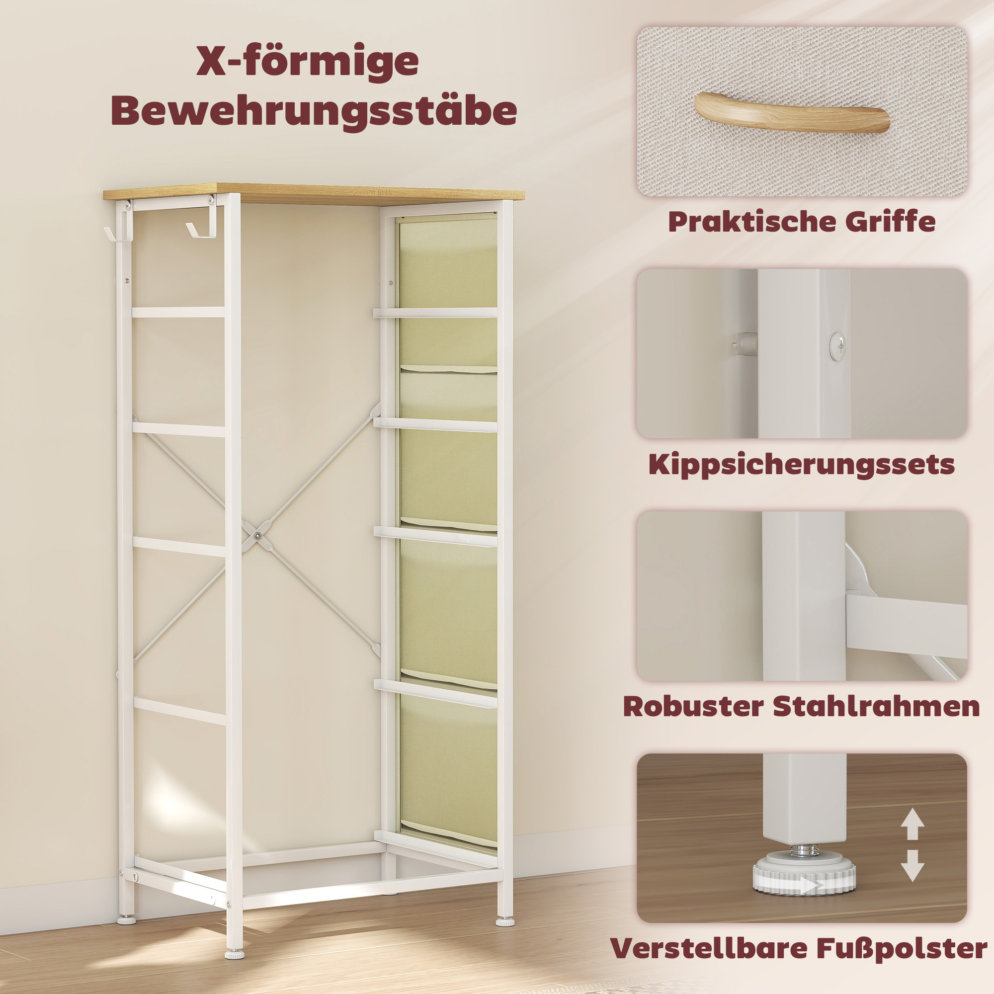 Schlafzimmer-Kommode mit 5 Stoffschubladen, Stahlstreben, Holzoberfläche, 4 Aufbewahrungstaschen, 2 Haken, Beige