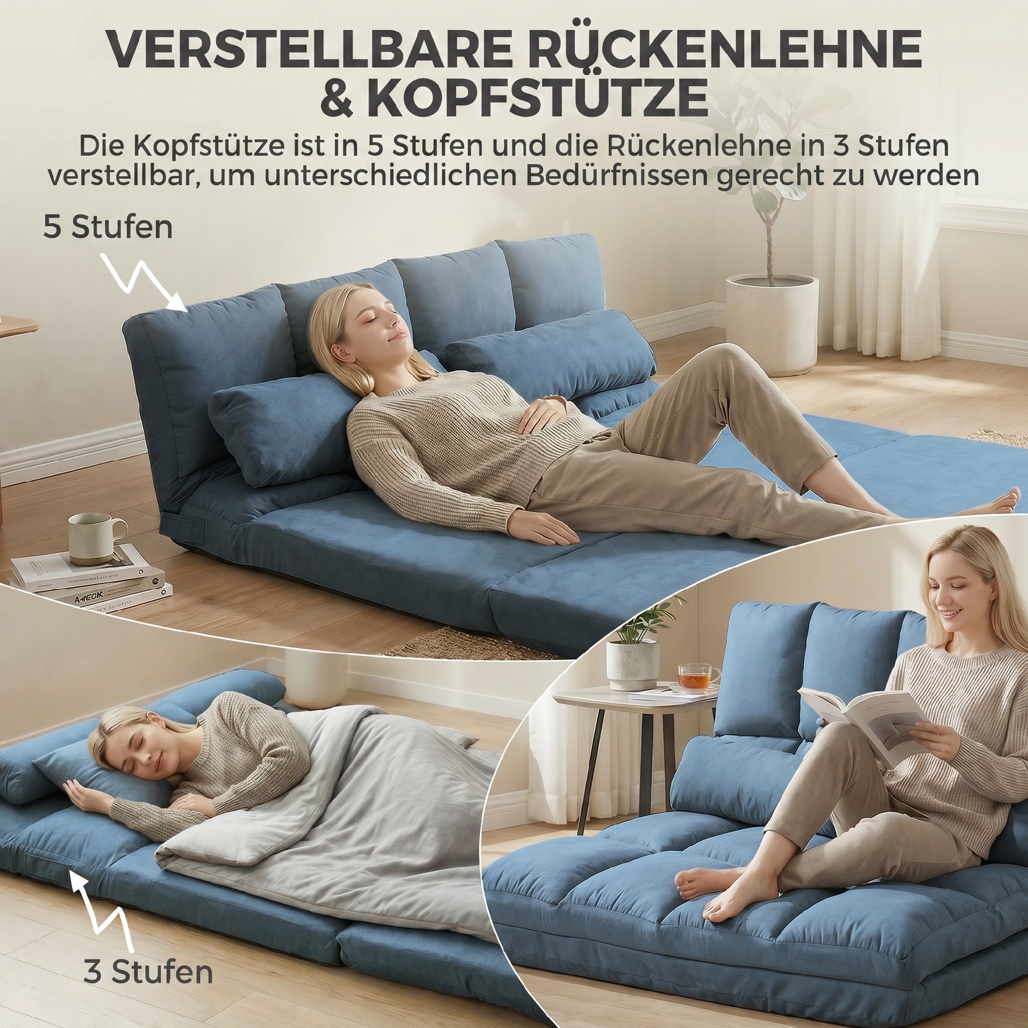 Bodensofa Schlafsofa Sofa, klappbar, verstellbare Rückenlehne, 102 cm x 73 cm x 60 cm , Blau