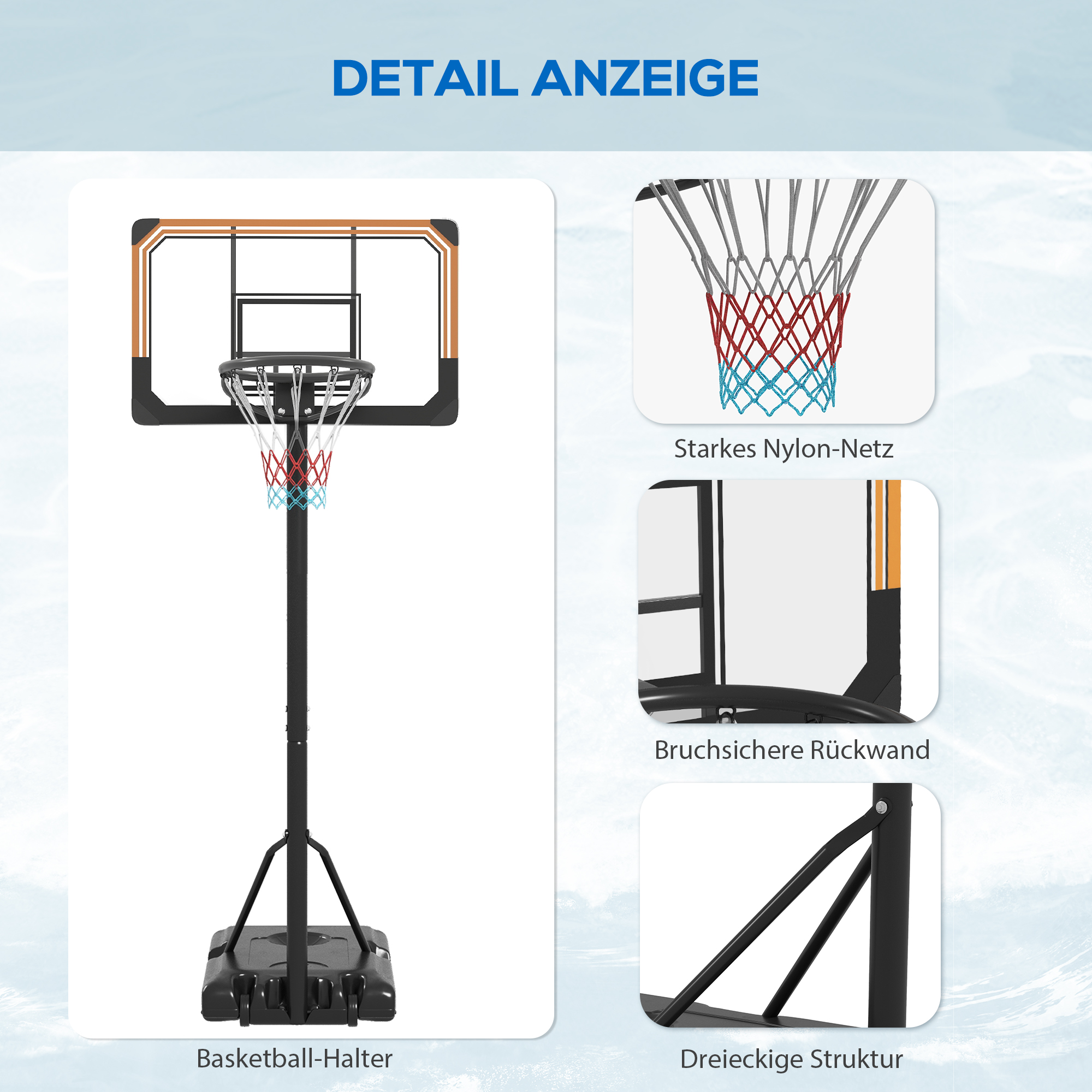 Basketballständer, höhenverstellbar, 182-213 cm Korbhöhe, wetterfest, mit Rollen, Metallrahmen