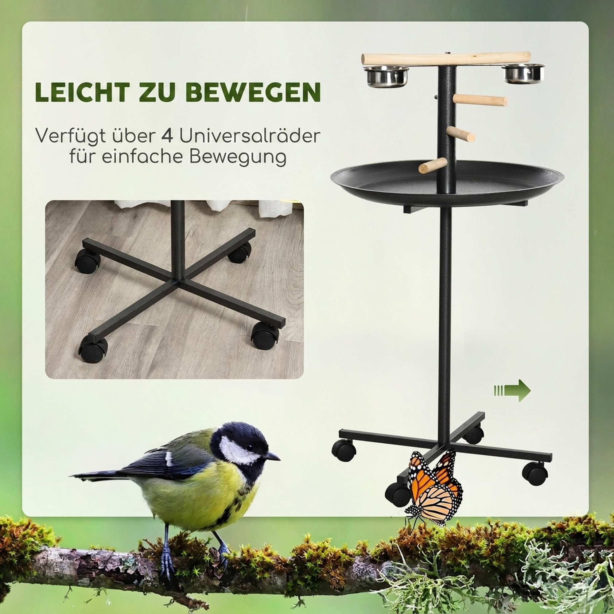 Vogelspielständer, tragbare Papageien-Sitzstange mit vier Rädern, Edelstahlschalen rundem Tablett