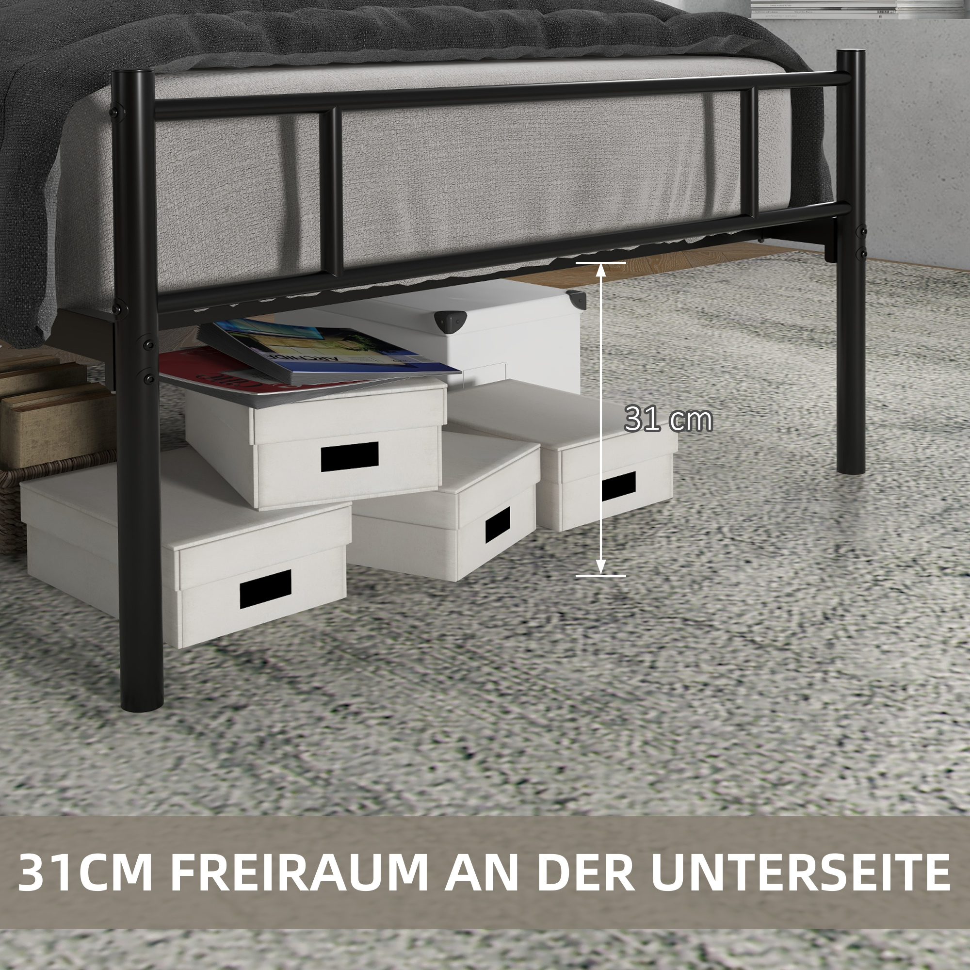 Bett 90 x 200 cm Stahl mit Lattenrost, Kopf- und Fußteil, 31 cm hoch Schwarz
