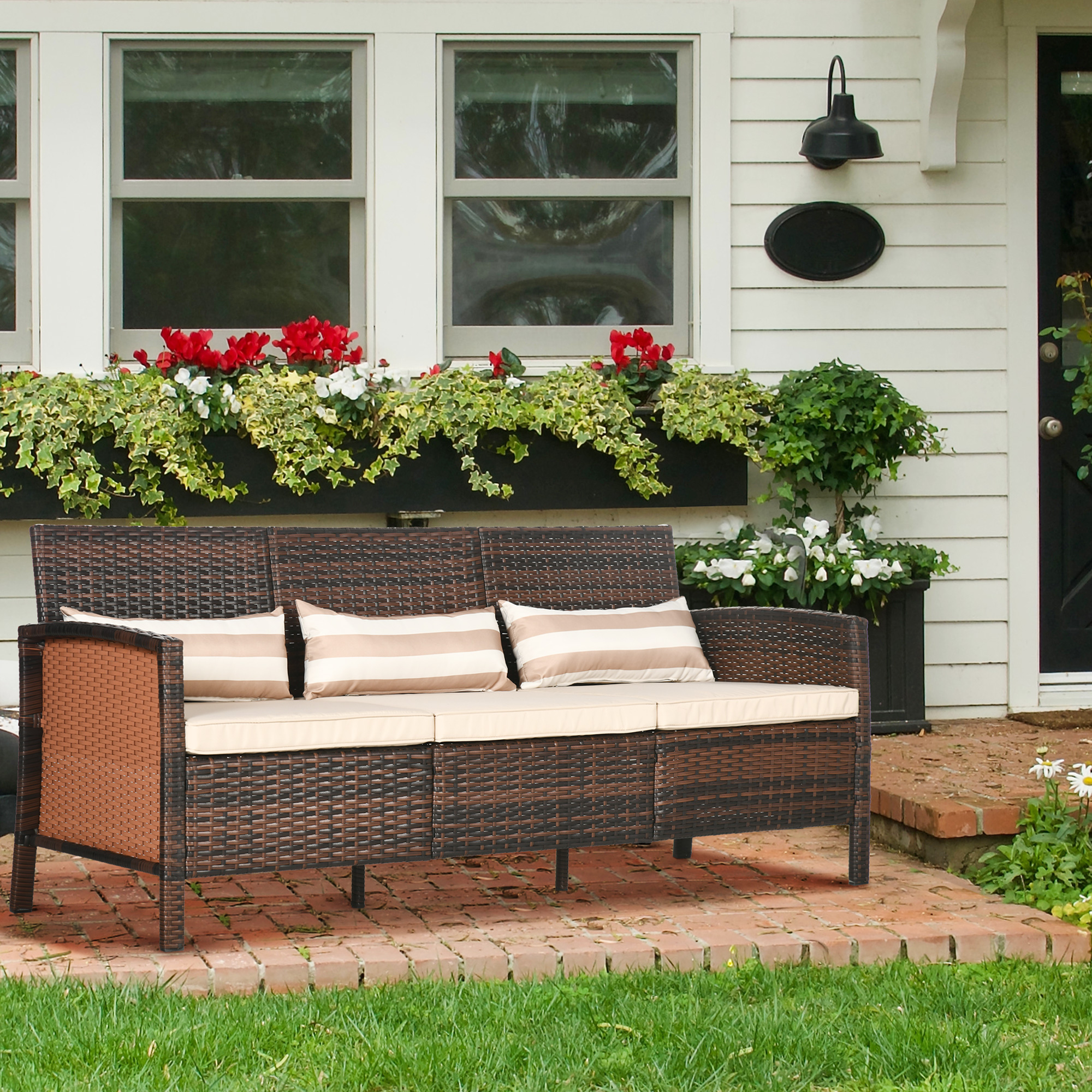 Rattan Sofa mit Kissen, Dreisitzer, Garten Loungesofa, Stahl, Braun, 173 x 68 x 78 cm