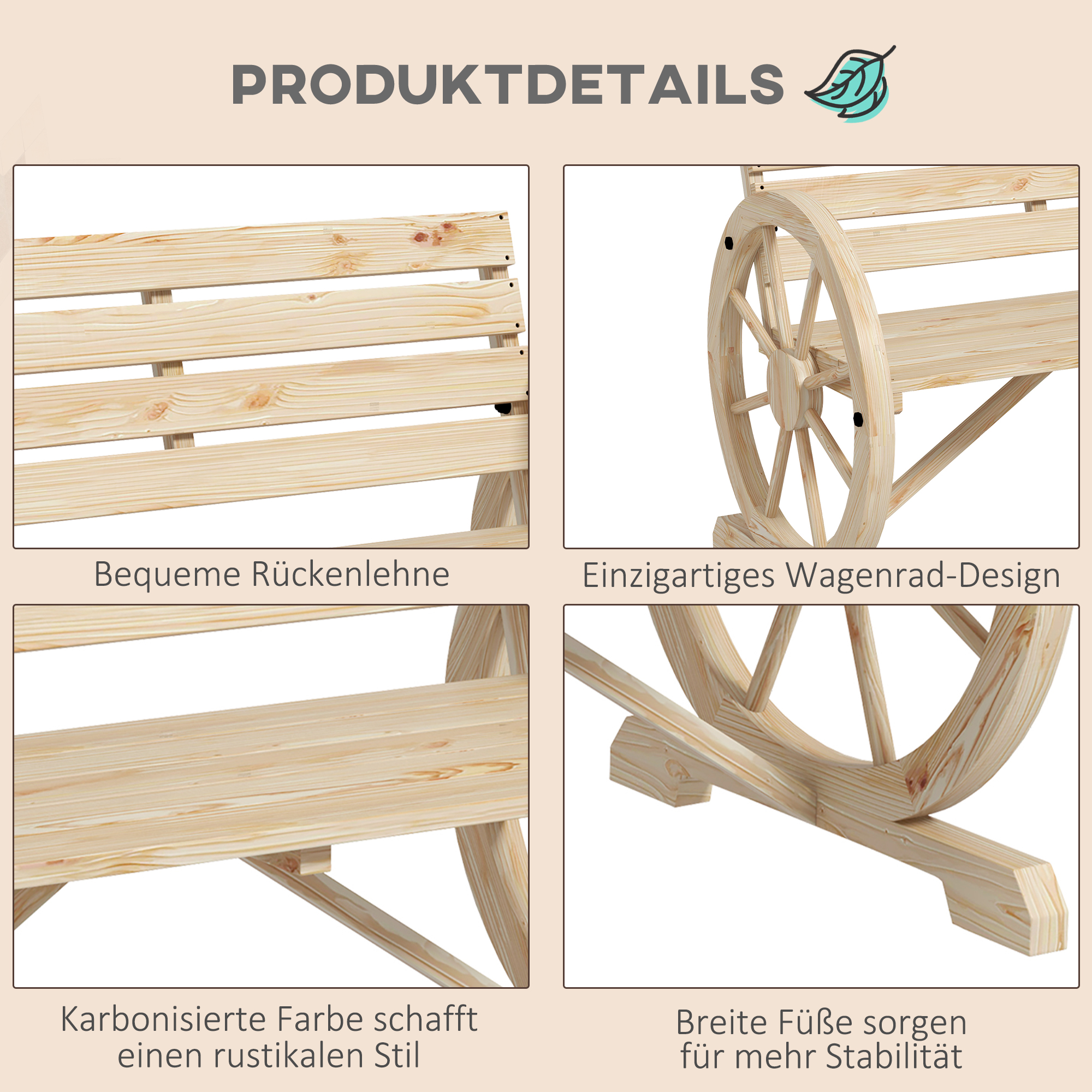 Gartenbank, Wagenrad-Design, für 2 Personen, Naturholz, dunkelbraun, 105,5 x 56 x 79 cm, Natur