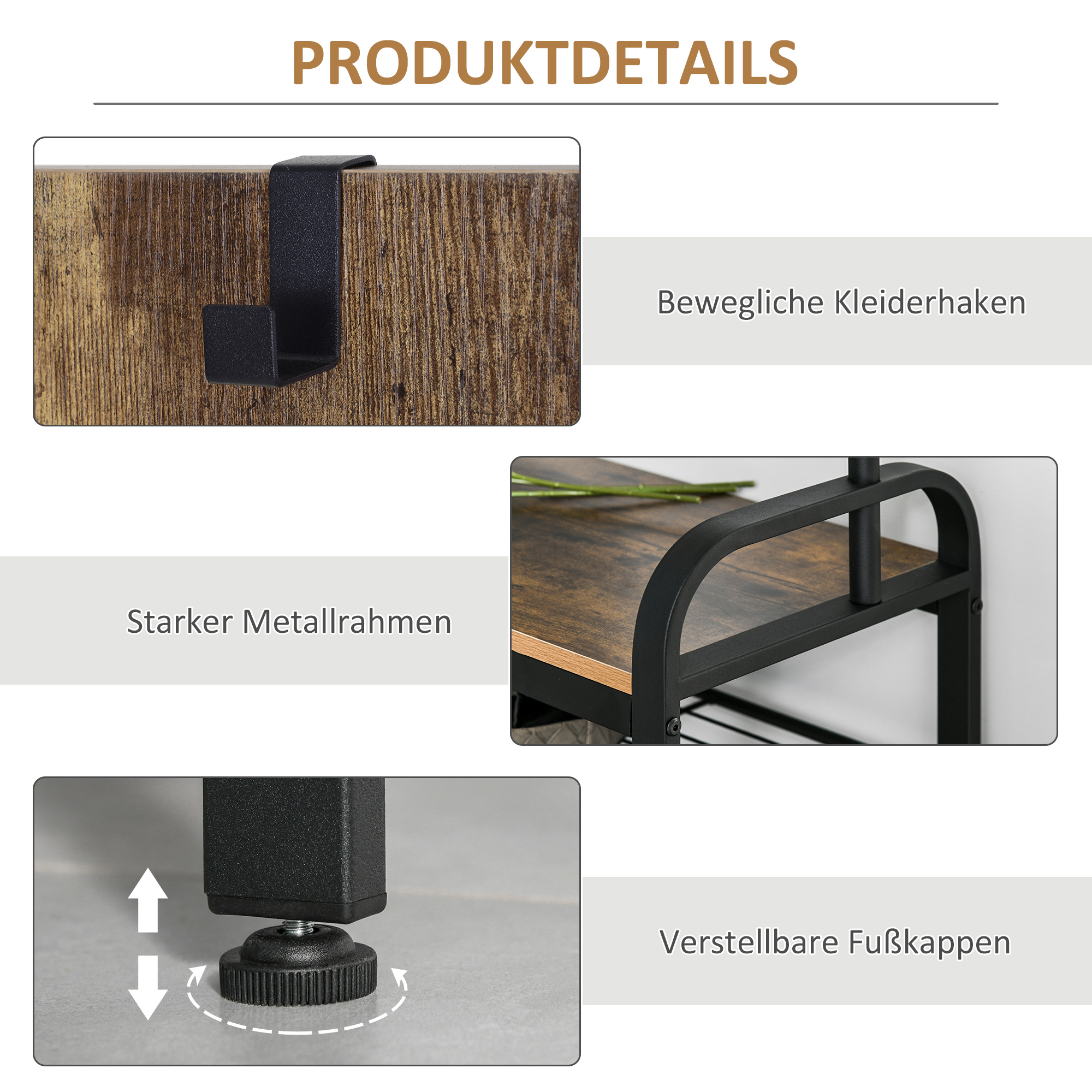 Garderobenständer Schuhregal Kleiderständer mit 8 Haken 2 Ablagen MDF Schwarz 72 x 34 x 185 cm