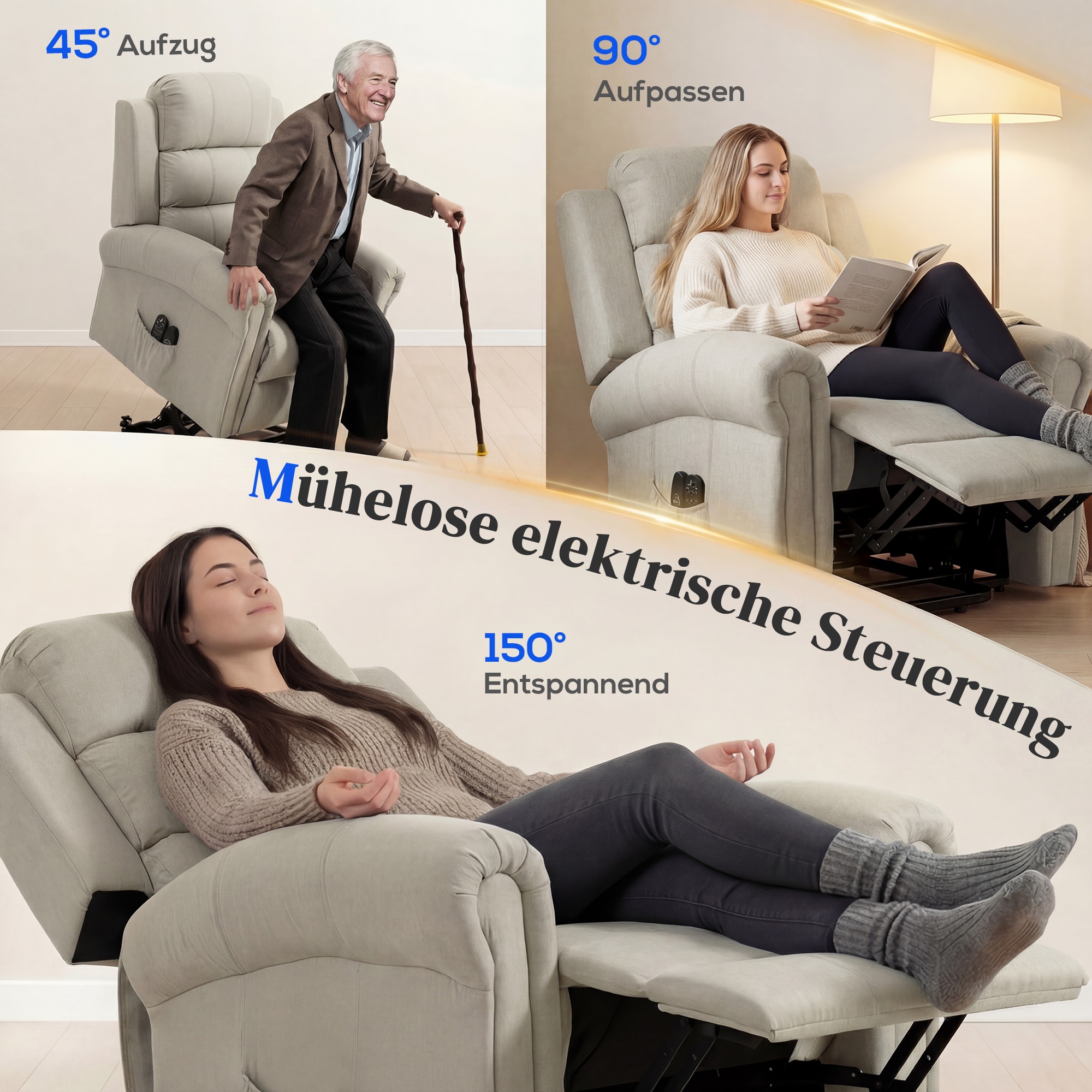 Massagesessel mit Aufstehhilfe, Relaxsessel, Vibrationsköpfe, mit Neigefunktion, Leinenoptik, Beige