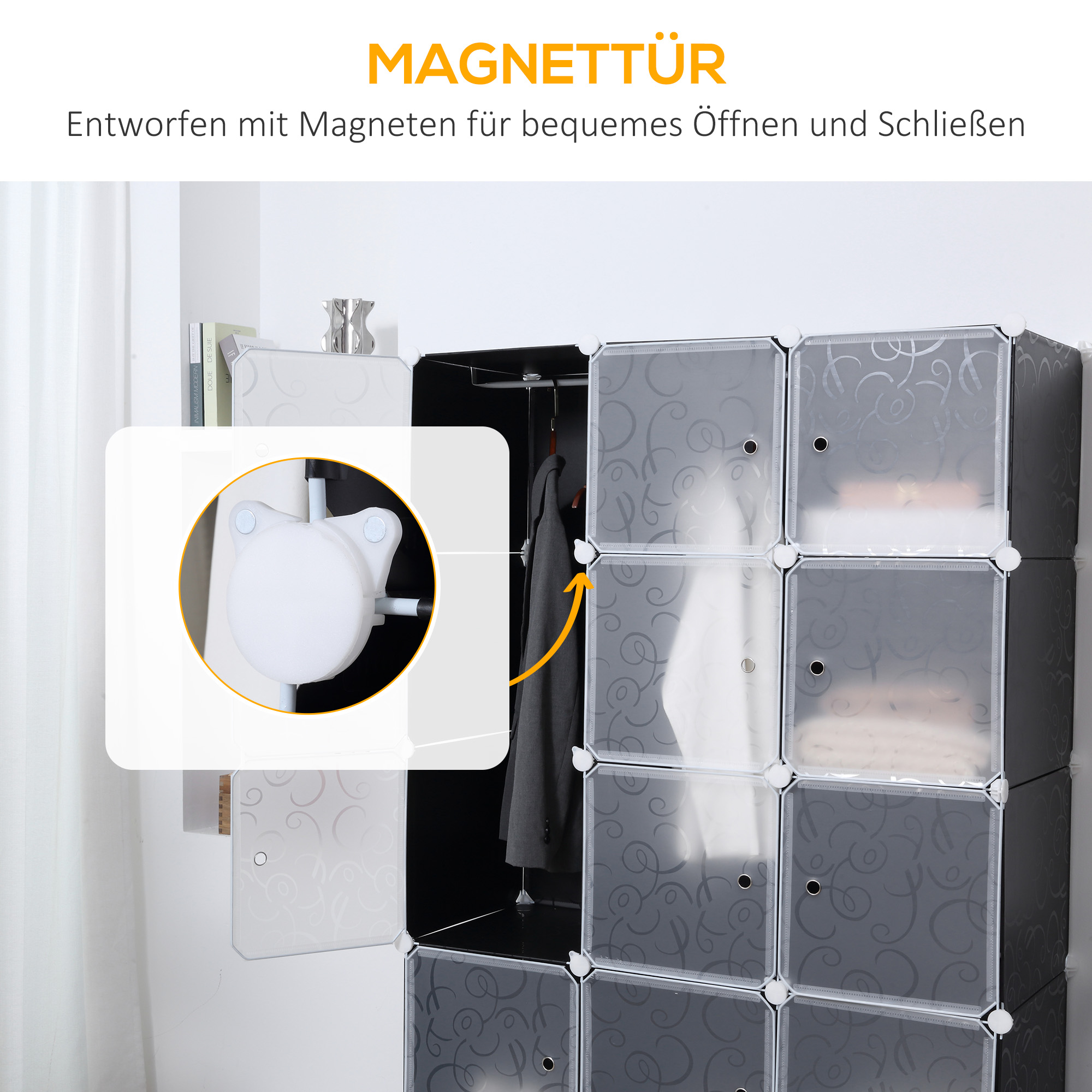 Kleiderschrank im Würfeldesign, 2 große und 9 kleine Würfel, Kunststoff, Metall, 111L x 47B x 183H cm, Schwarz+Weiß