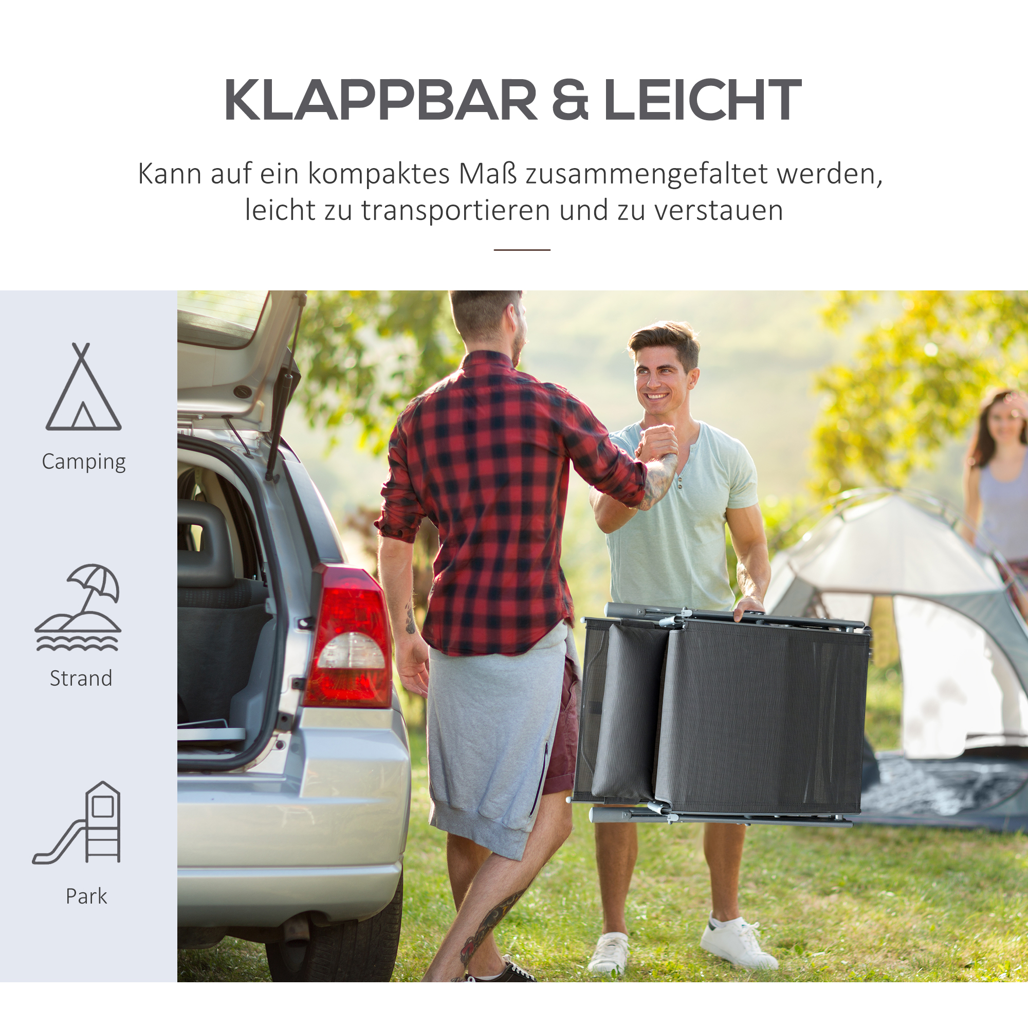 Sonnenliege klappbar Strandliege mit Kissen Liegestuhl mit 7-Fach verstellbare Rückenlehne Gartenliege Relaxliege Gartenstuhl bis 165 kg belastbar, für Garten Urlaub Outdoor Strand Pool, Grau