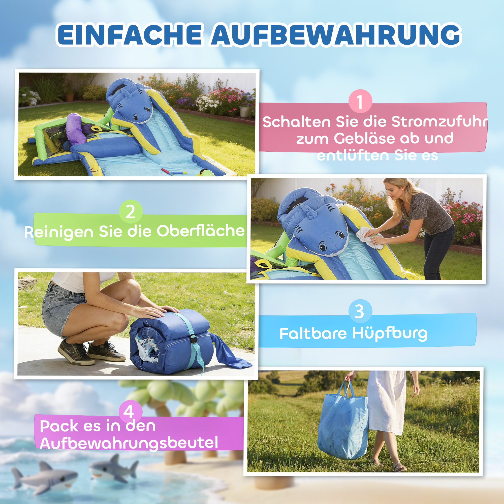 8-in-1 Hüpfburg mit Hai-Design Gebläse, Rutsche, Planschbecken Trampolin für 3-8 Jahre 405x345x235cm, mehrfarbig