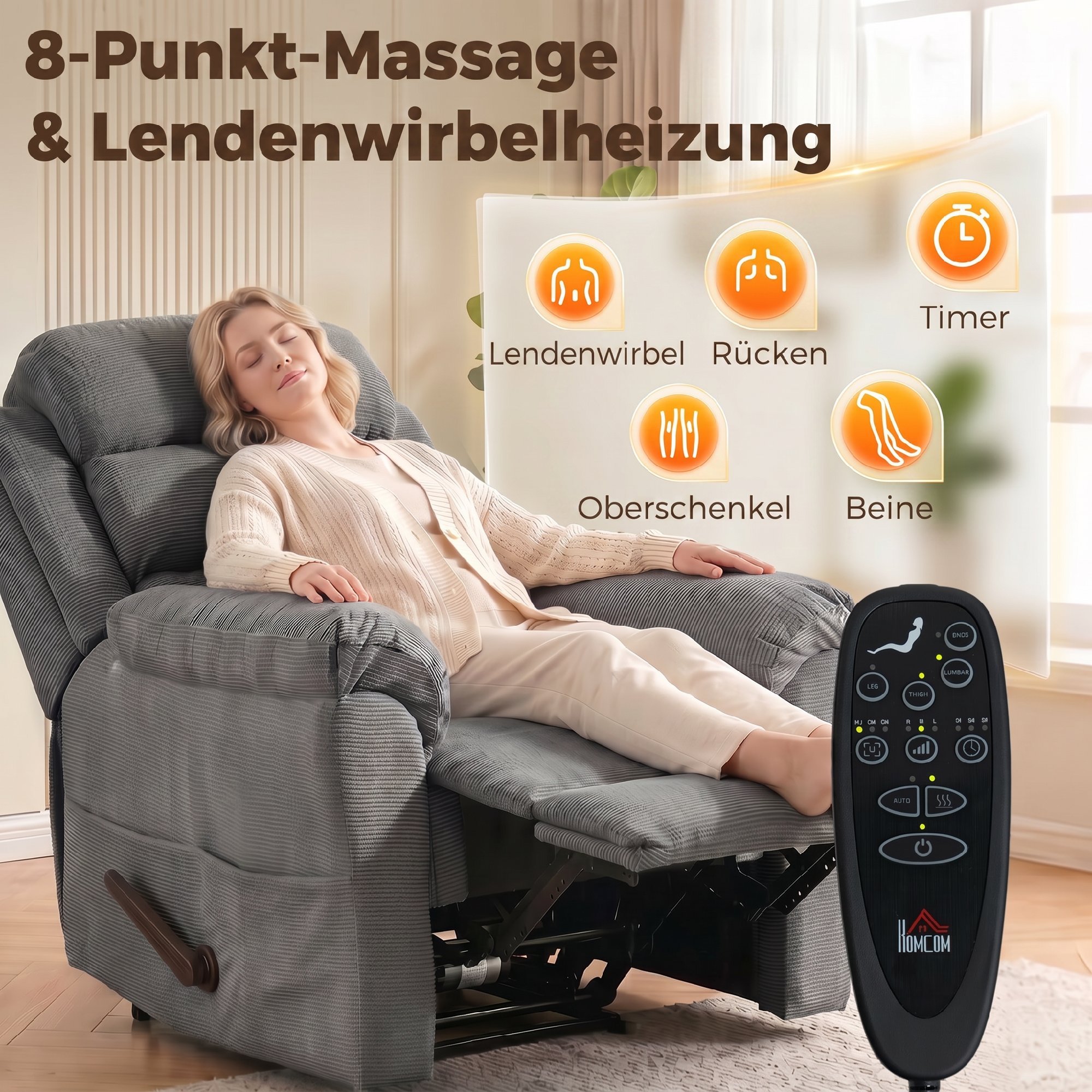 Massage-Relaxsessel mit Wärme, verstellbarer Kopfstütze und Wall-Hugger-Funktion, grau