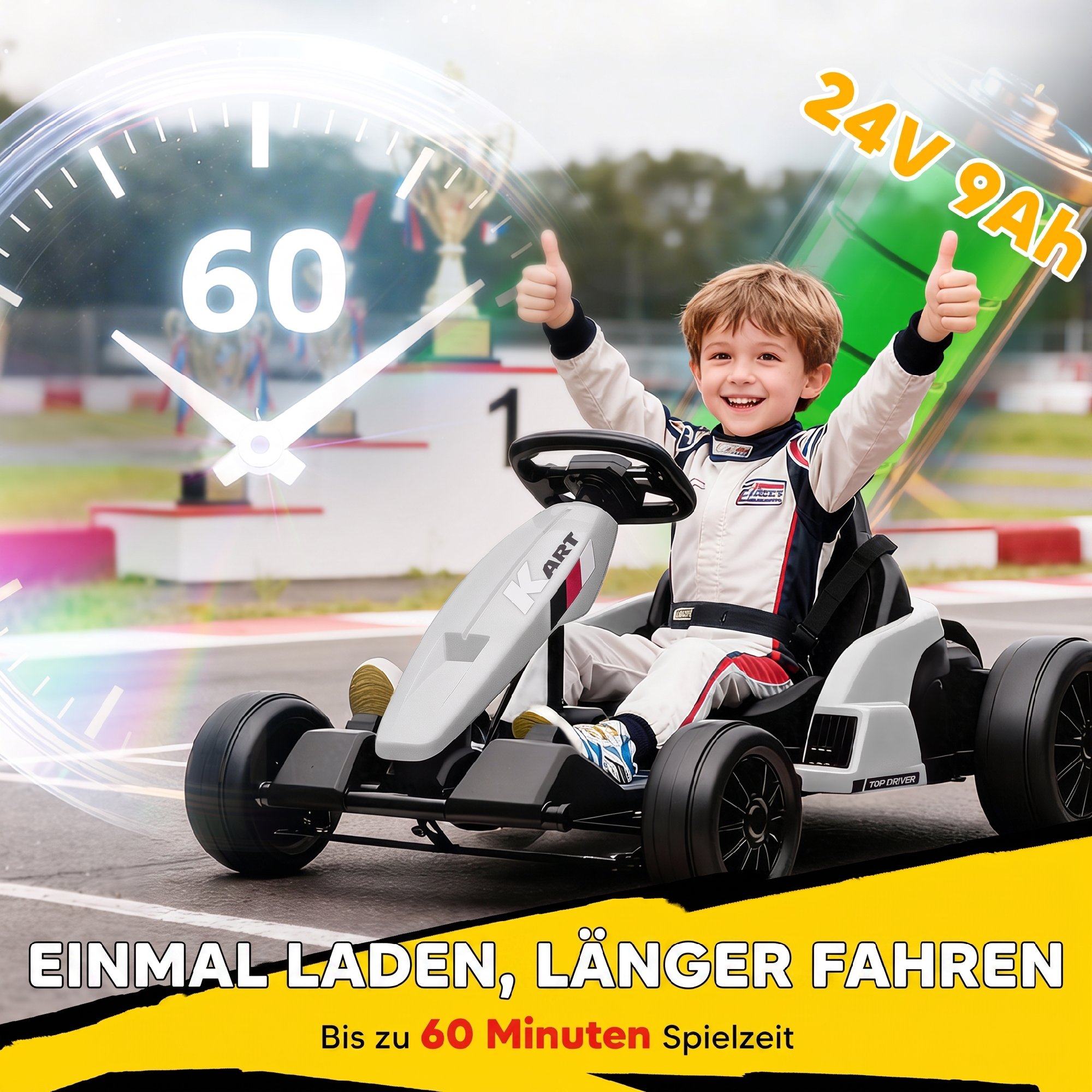 24 V Elektro Go-Kart für Kinder Bis 18 Km/h Gokart mit Drift-Funktion, Drift-Kart mit 2 Motoren verstellbar Sitz Weiß