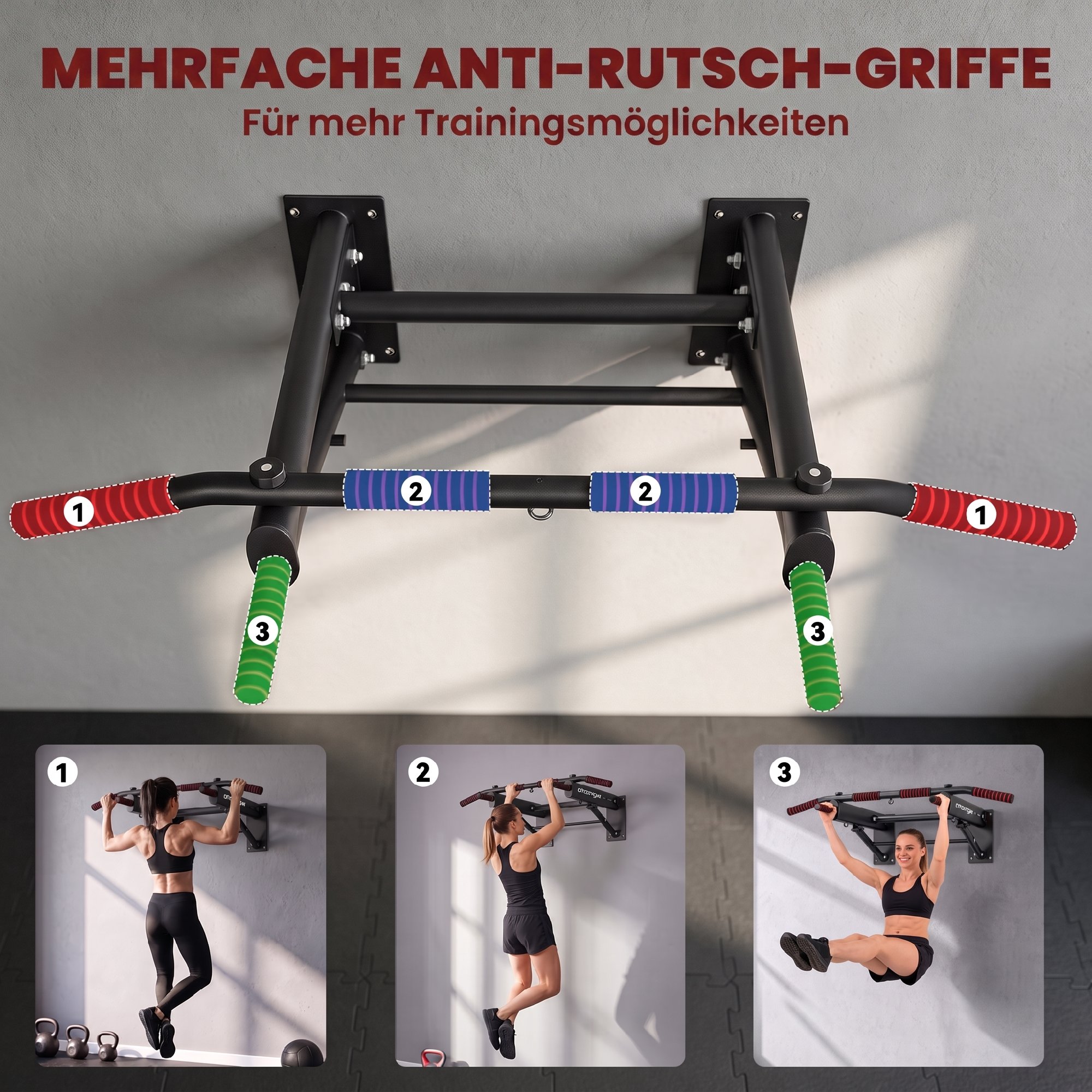 Klimmzugstange klappbar Klimmzüge mit rutschfesten Griffen, Wandmontage max. 120 kg, 98 x 65 x 31 cm Schwarz