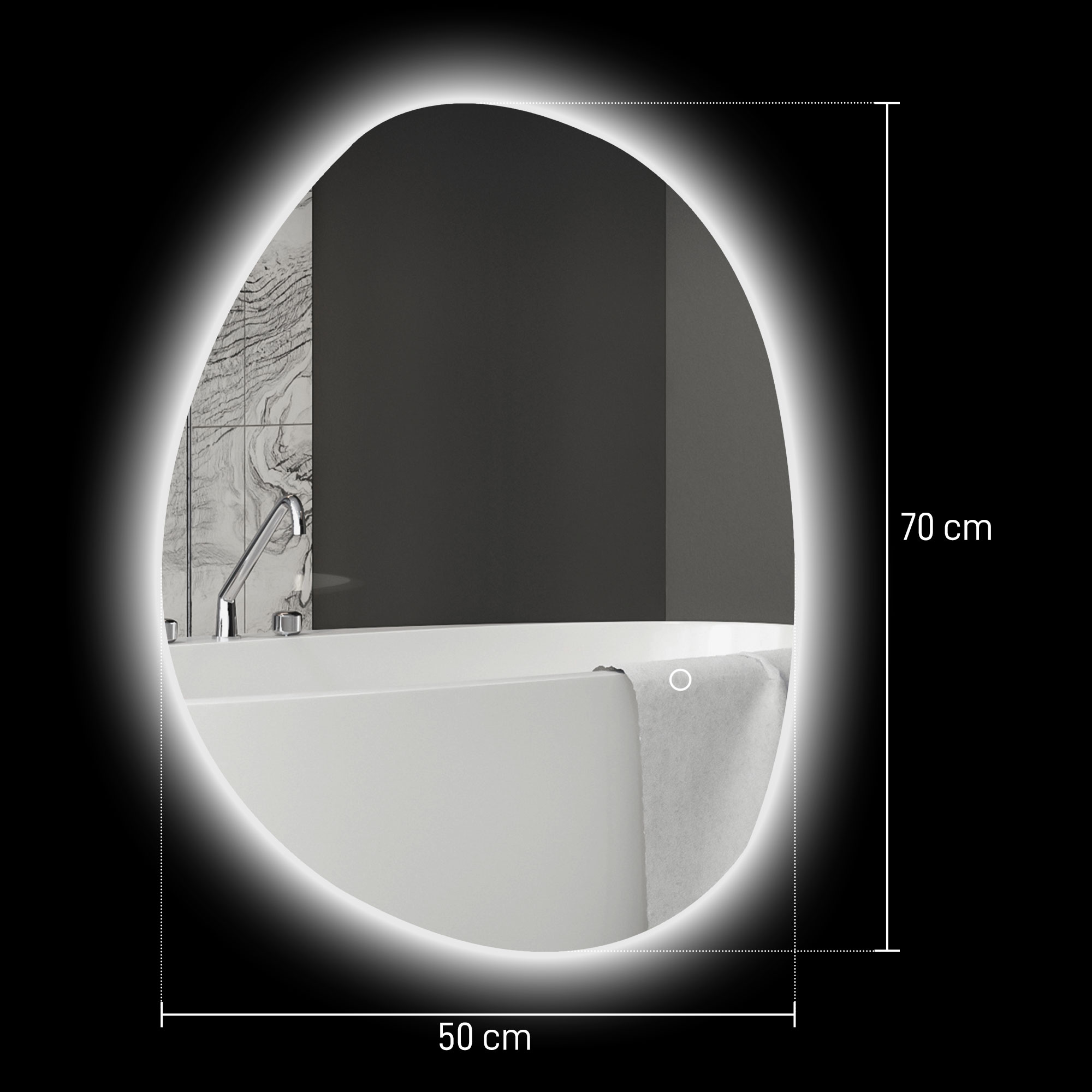 70 x 50 cm Asymmetrischer Badspiegel mit LED-Licht, Smart Touch Schalter, Anti-Beschlag-Funktion, Silber