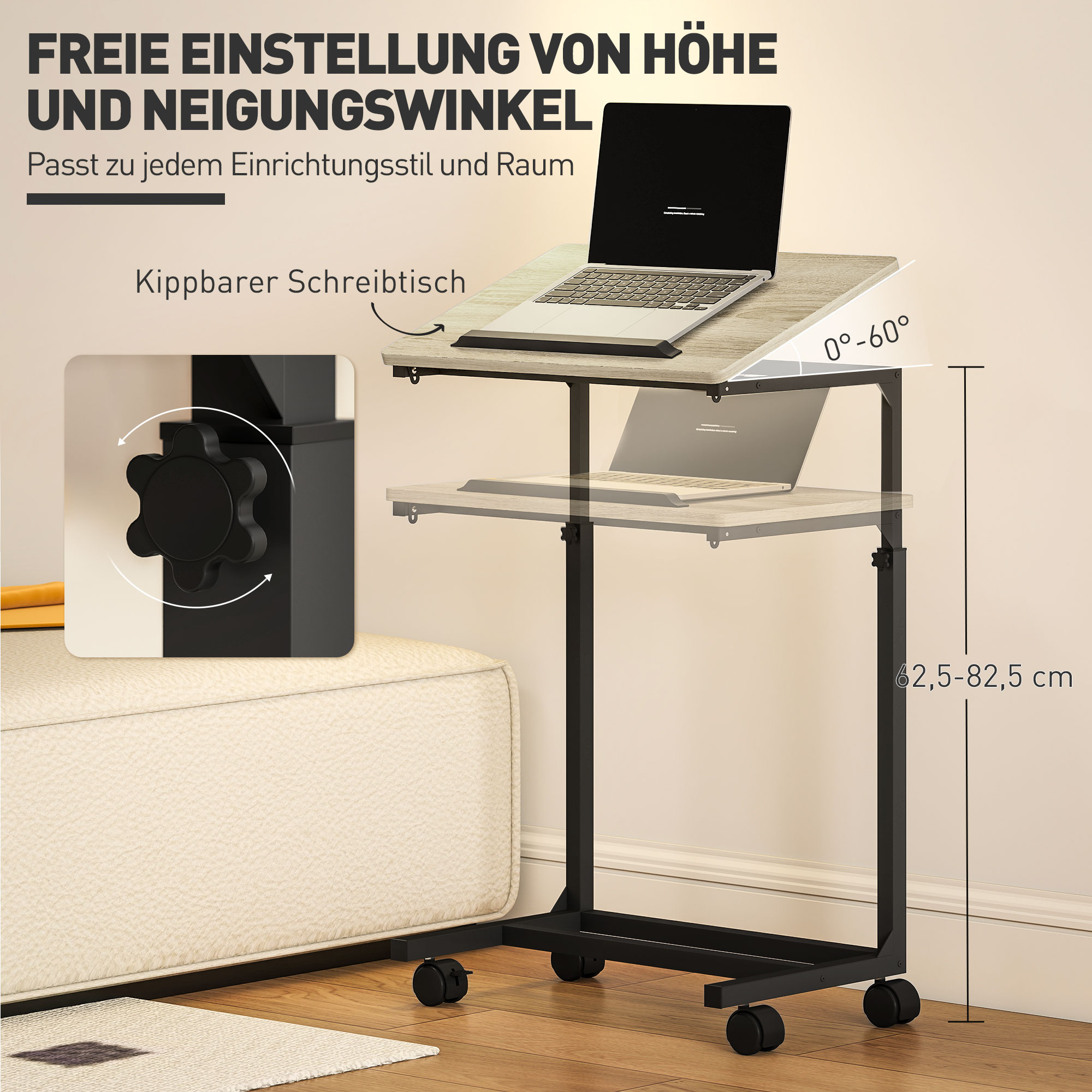 Beistelltisch, Schreibtisch, Nachttisch, höhenverstellbar, 4 Rollen, Metallrahmen