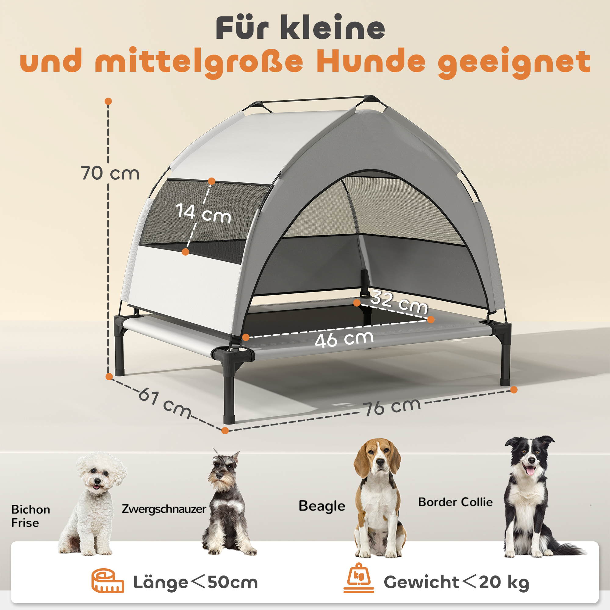 Hundeliege Outdoor mit Dach, erhöhtes Hundebett für mittelgroße Hunde, mit Stahlrahmen, 76x61x70cm, Hellgrau