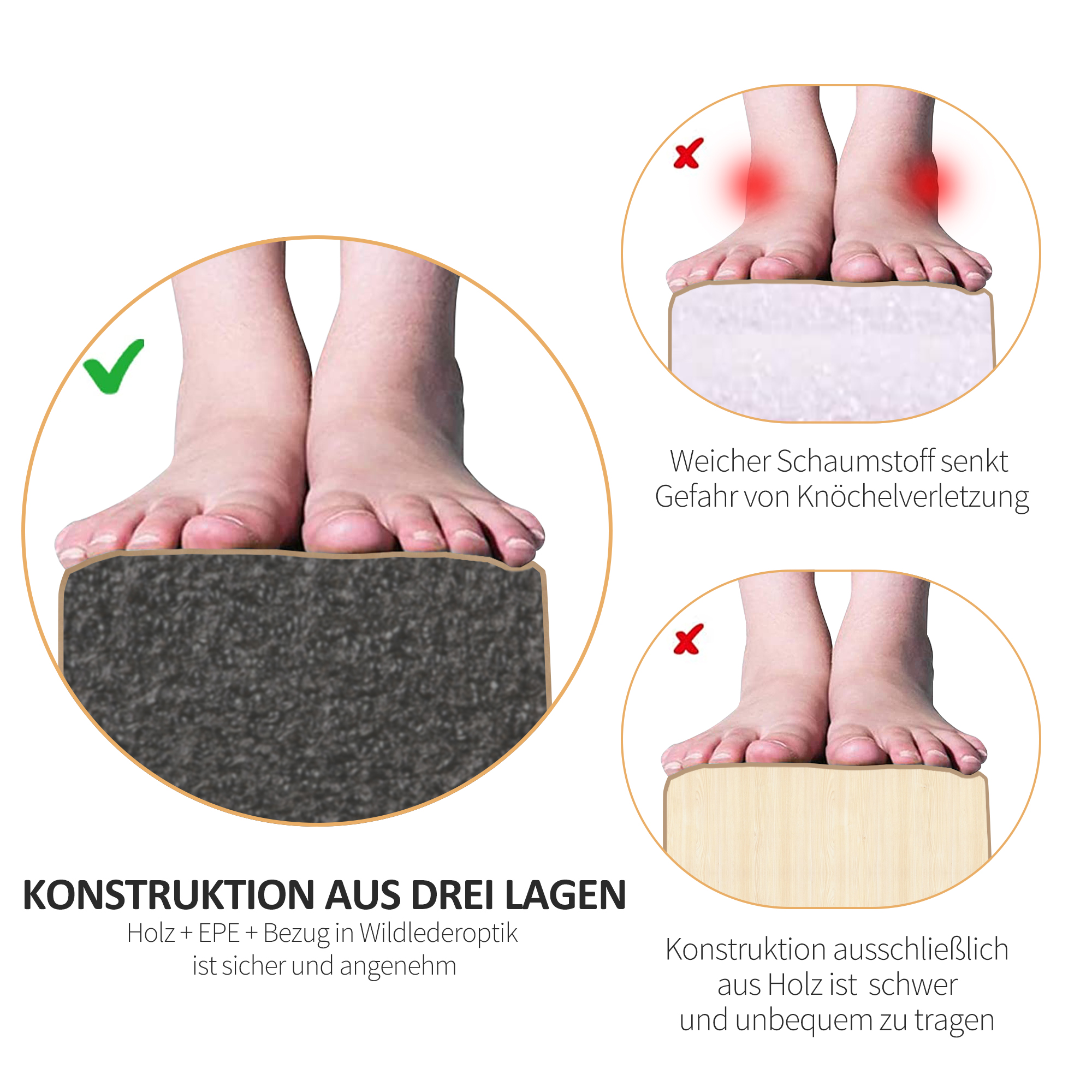 Faltbarer Schwebebalken, rutschfest, Wildlederbezug, robustes Holz, 210 x 10 x 6,5 cm, Braun