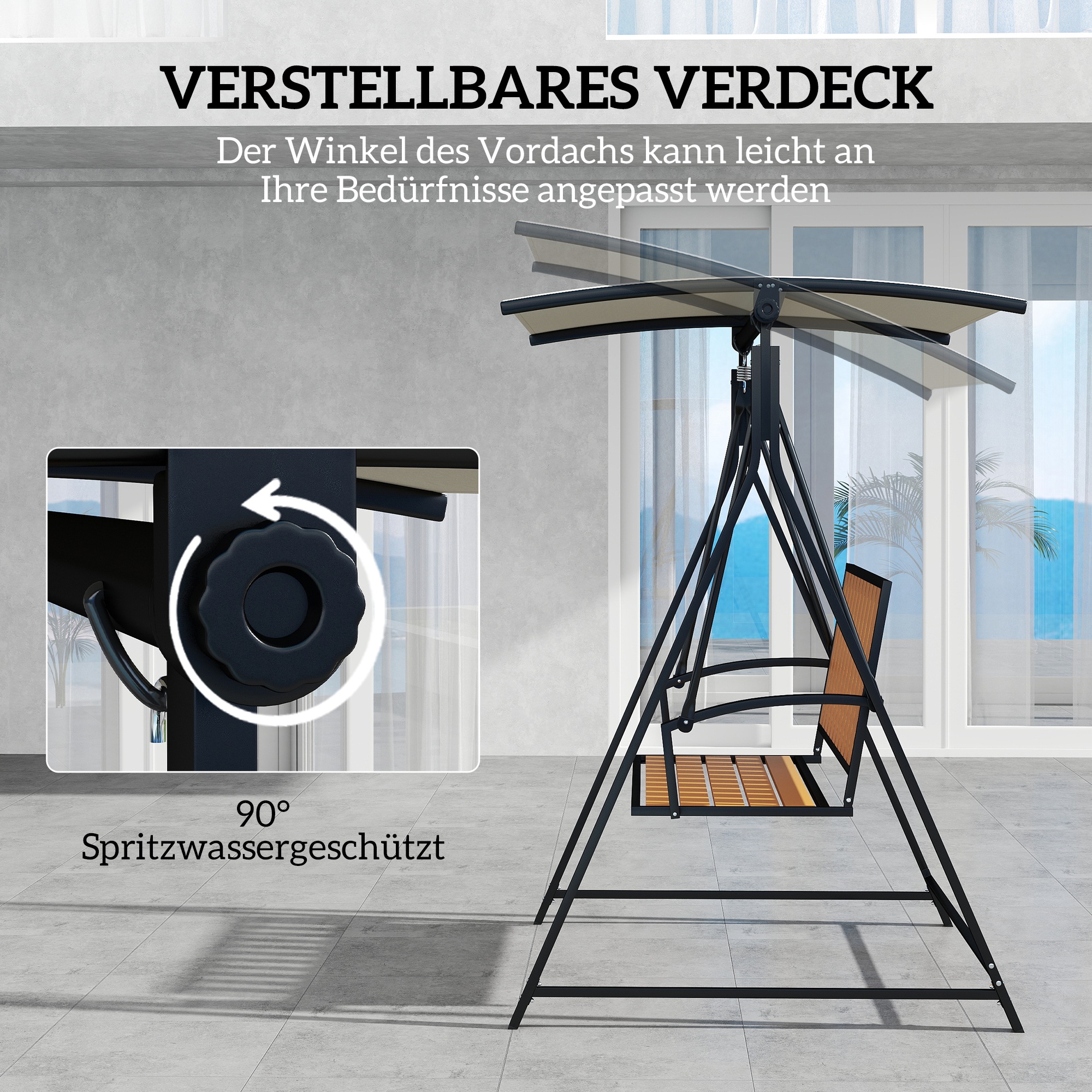 Hollywoodschaukel mit verstellbarem Sonnendach, 2-Sitzer Gartenschaukel 142 x 112 x 162cm, Schwarz
