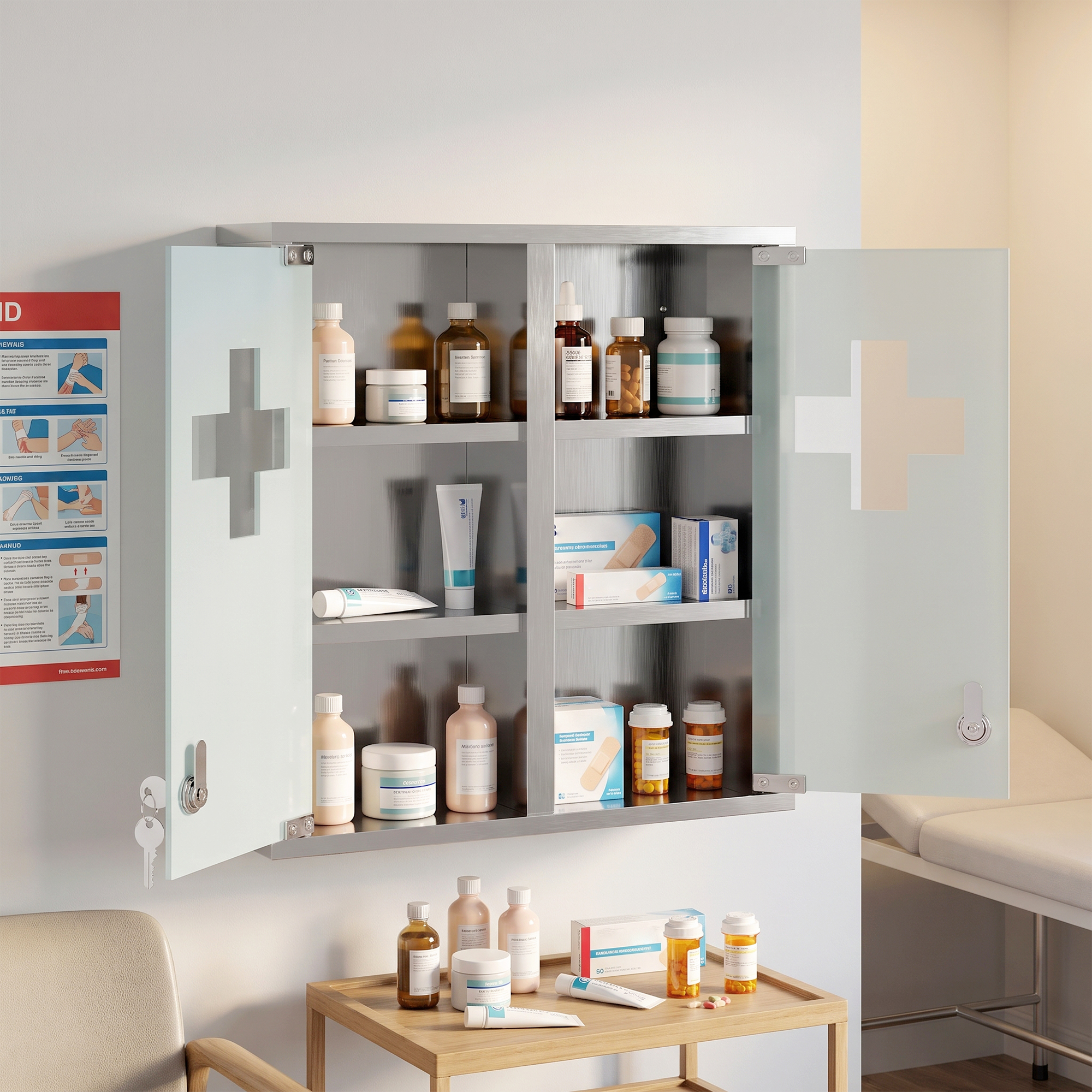 Medizinschrank, Abschließbarer Medikamentenschrank mit 2 Schlüsseln, Glastür und 6 Regalen, 48 x 46 x 12 cm, Silber