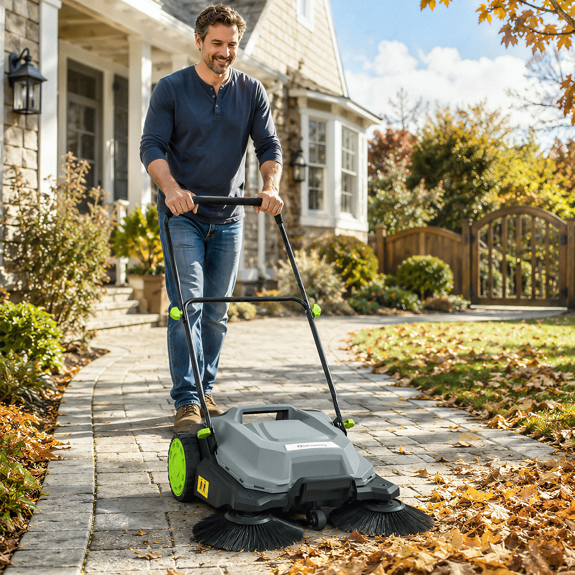 Kehrmaschine manuell mit 68 cm Kehrbreite, 24 L Schmutzbehälter, Höhenverstellbar klappbar Griff 3-Bürsten-Kehrsystem