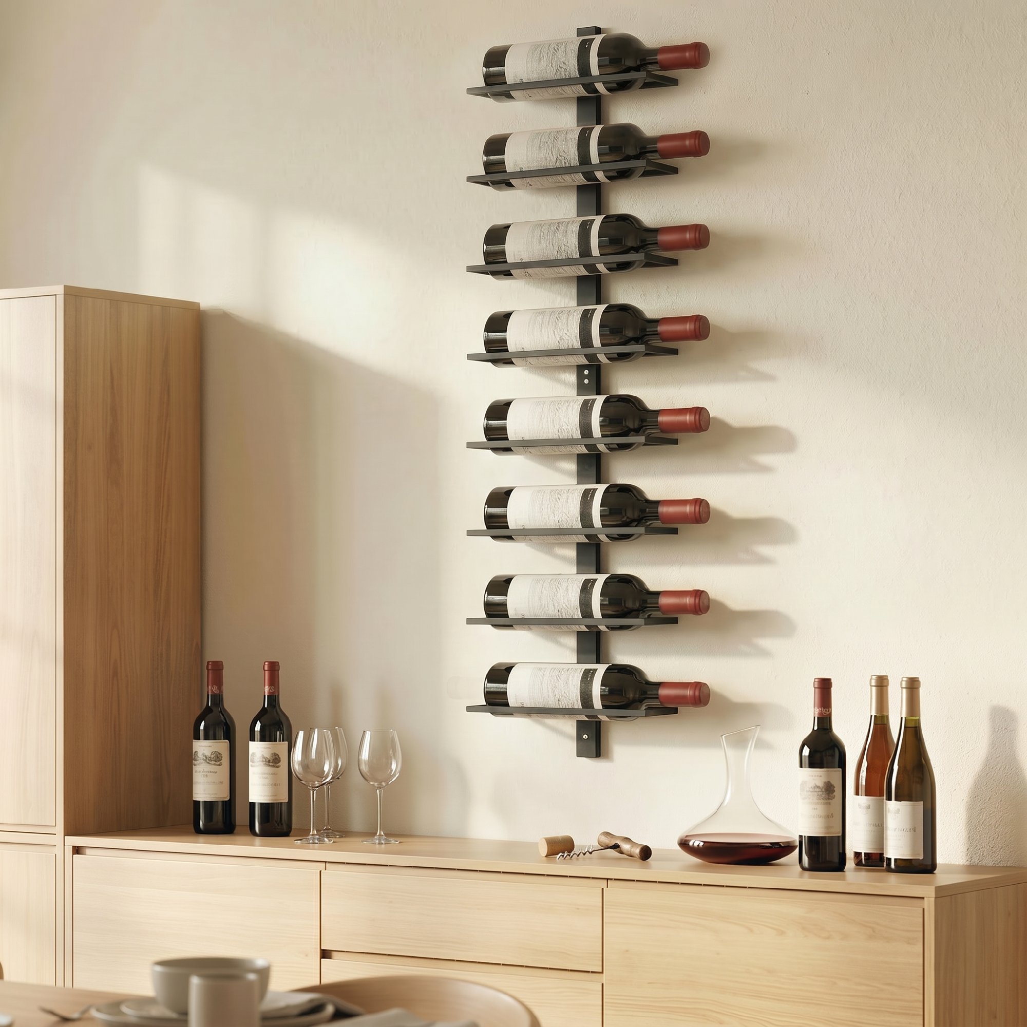 Weinregal, Wandregal für 8 Flaschen Wein, 8 Ebenen, Stahlrohr, für Küche, Wohnzimmer, Hausbar, Schwarz