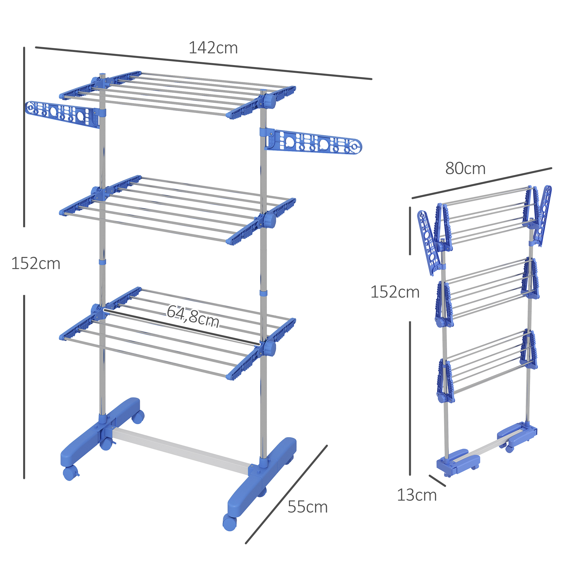 Wäschenständer Wäschetrockner. 4 Ebenen, klappbar, One-Klick-System, 142 cm x 55 cm x 152 cm Blau + Silber