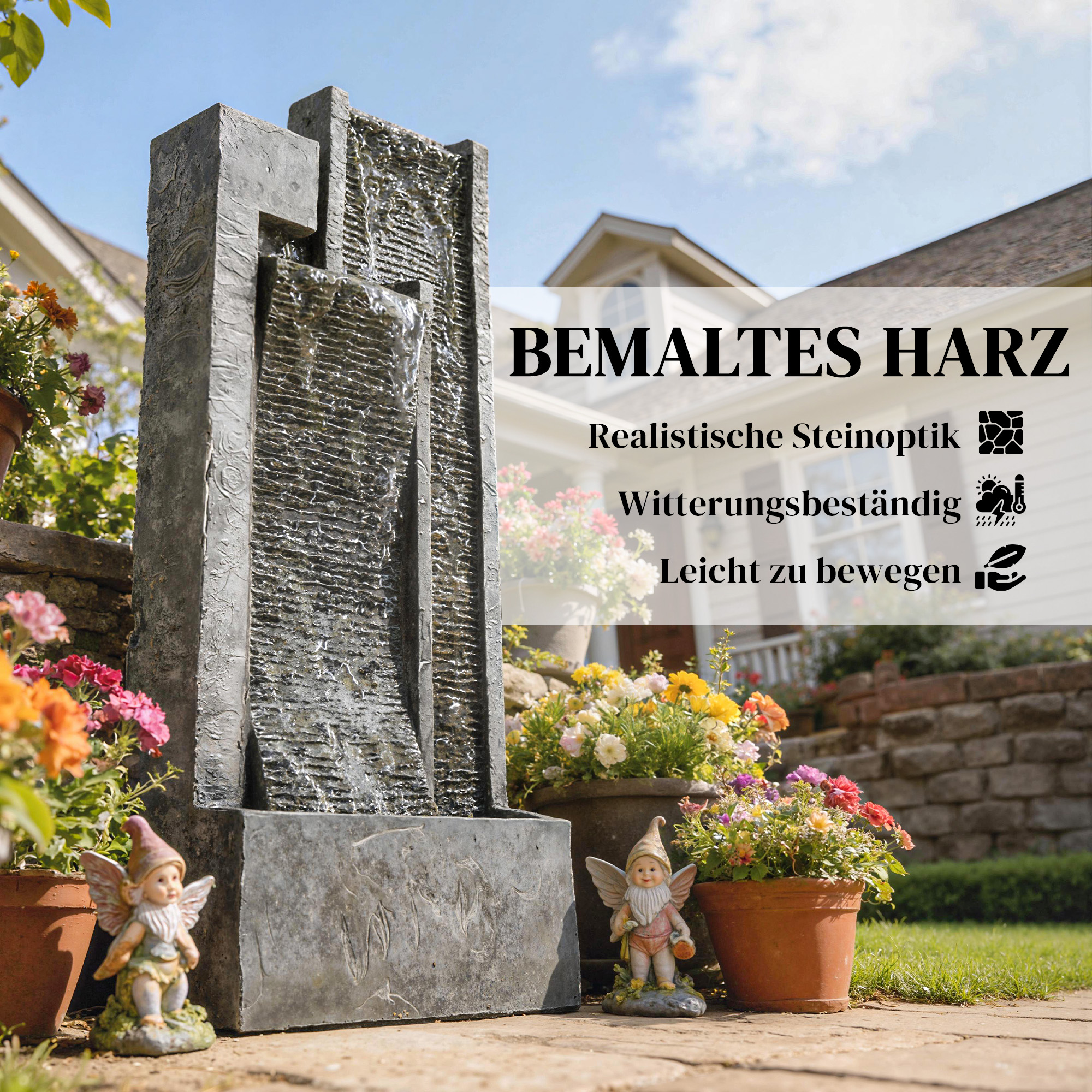 Springbrunnen 3-stufig Gartenbrunnen mit LED Beleuchtung Pflanzkübel Pumpe Steinoptik, Verstellbar 38 x 19 x 101 cm