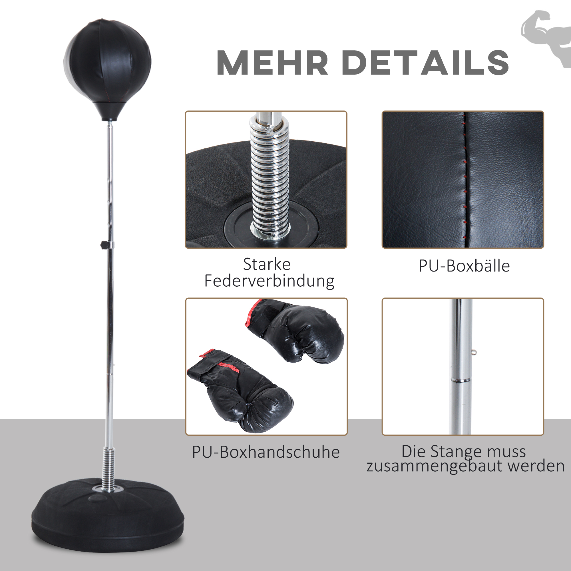 Box-Set mit Punchingball, höhenverstellbar, inkl. Boxhandschuhe, 126-144cm, Schwarz