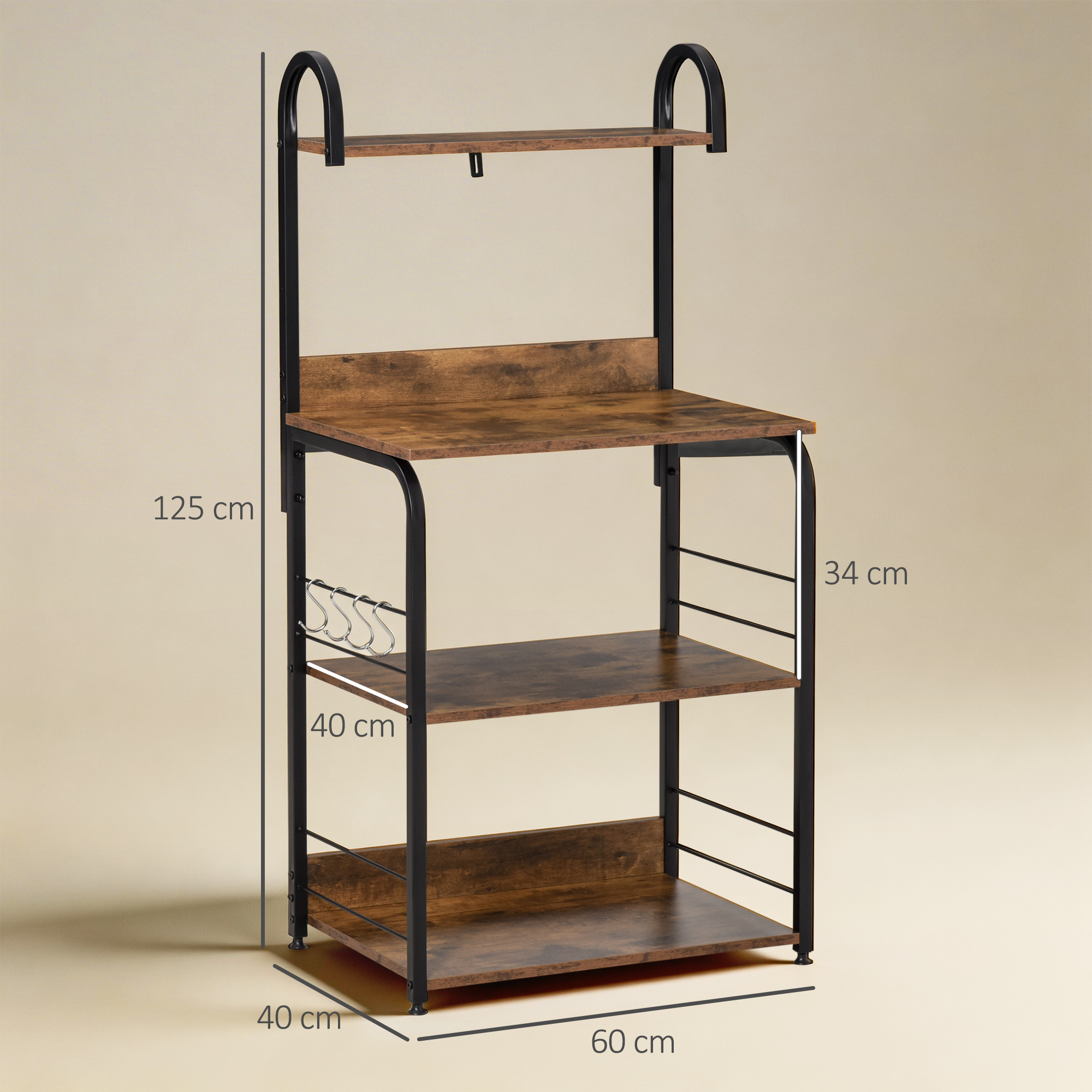 Küchenregal, Standregal mit 3 Ablagen, 4 Haken, Mikrowellenregal für Küche, Esszimmer, Rustikal-Braun, 60 x 40 x 125 cm