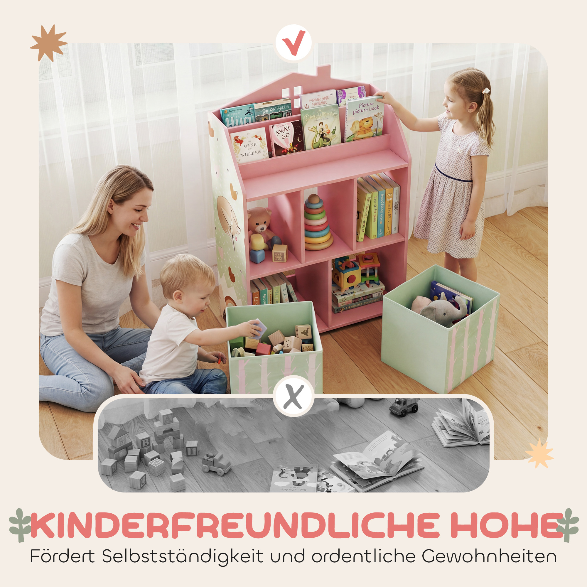 Kinderregal Bücherregal Kinder mit 2 Stoffschubladen offen Regal für 3-8 Jahre 62,5x30x91,5 cm Rosa