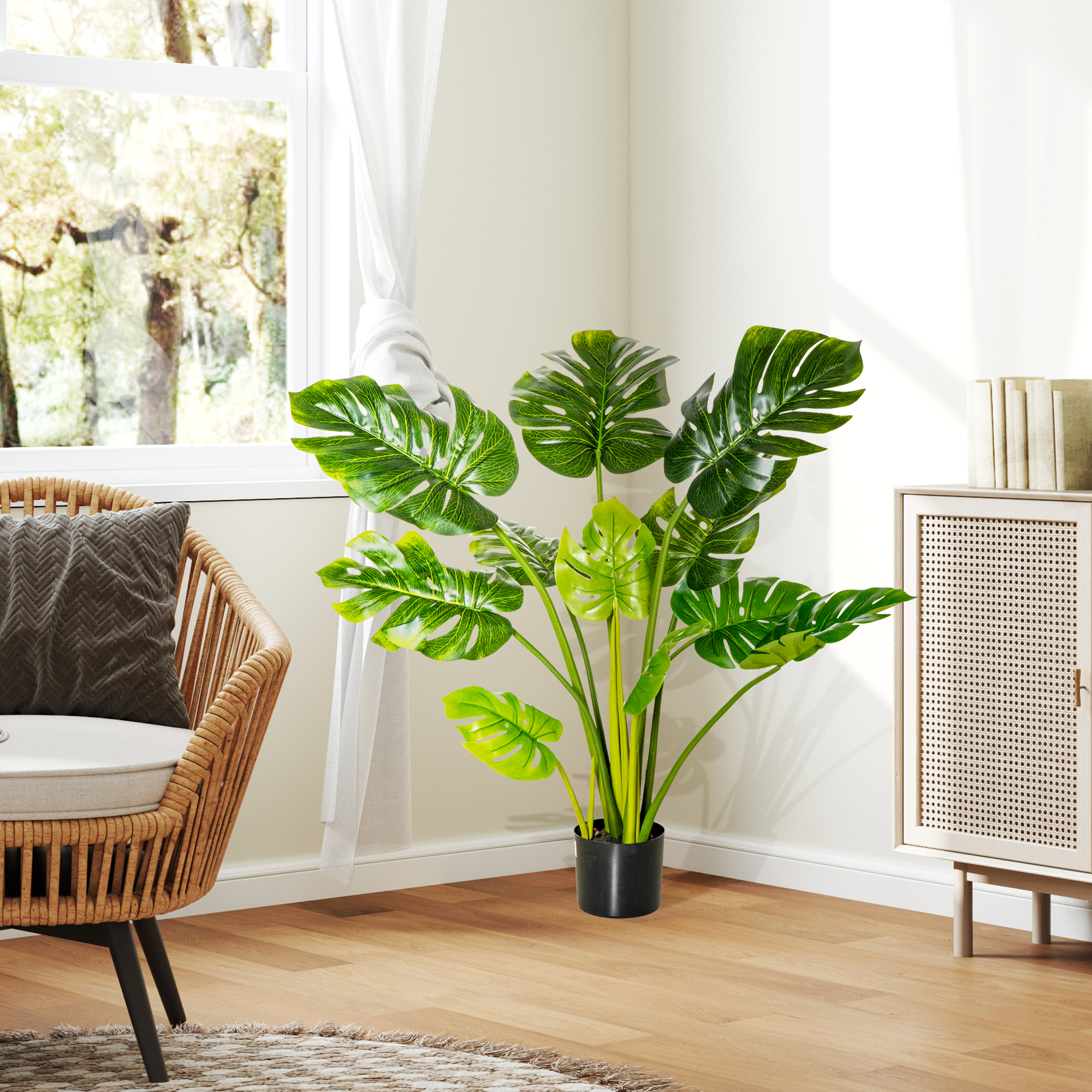 künstliche Pflanzen 110 cm künstlicher Monstera Kunstpflanzen im Topf Kunstbaum Zimmerpflanze Dekopflanze Büropflanze Kunststofftopf für drinnen und draußen
