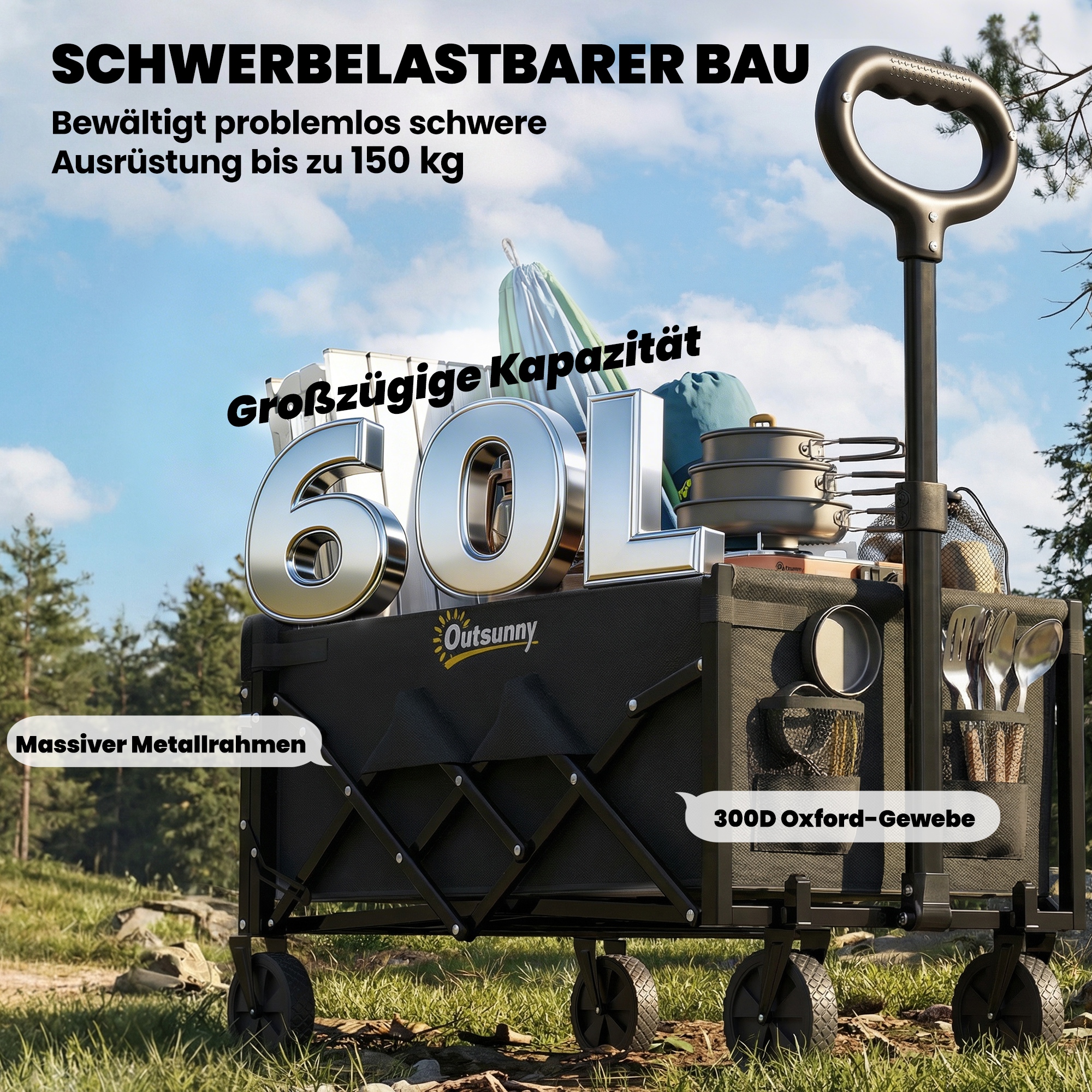 Bollerwagen 60L Faltbarer Handwagen Gartenwagen Transportwagen mit Teleskop Griff Heckklappe Getränkehalter