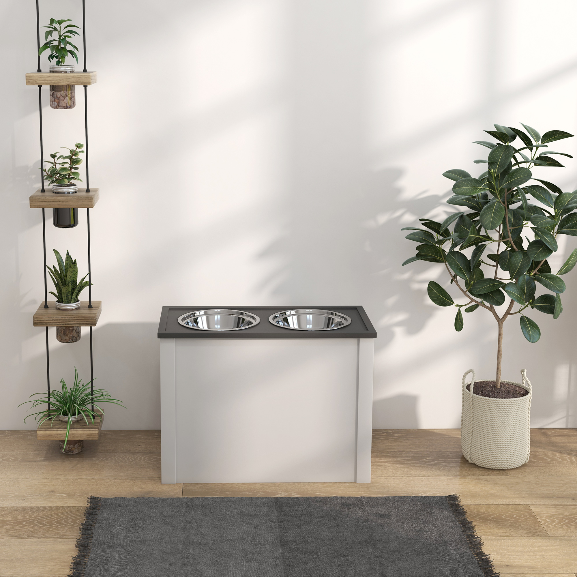 Futterstation erhöhte Fressnäpfe 1 Stauraum 2 Edelstahl-Futternäpfe, 60 x 30 x 42cm, Weiß + Grau
