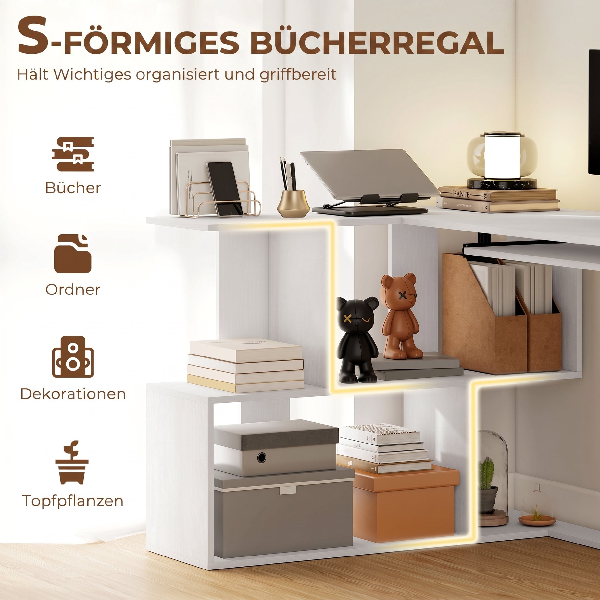 Eckschreibtisch, Computertisch mit Tastaturauszug und offenen Ablagen, weißer Holz-Look