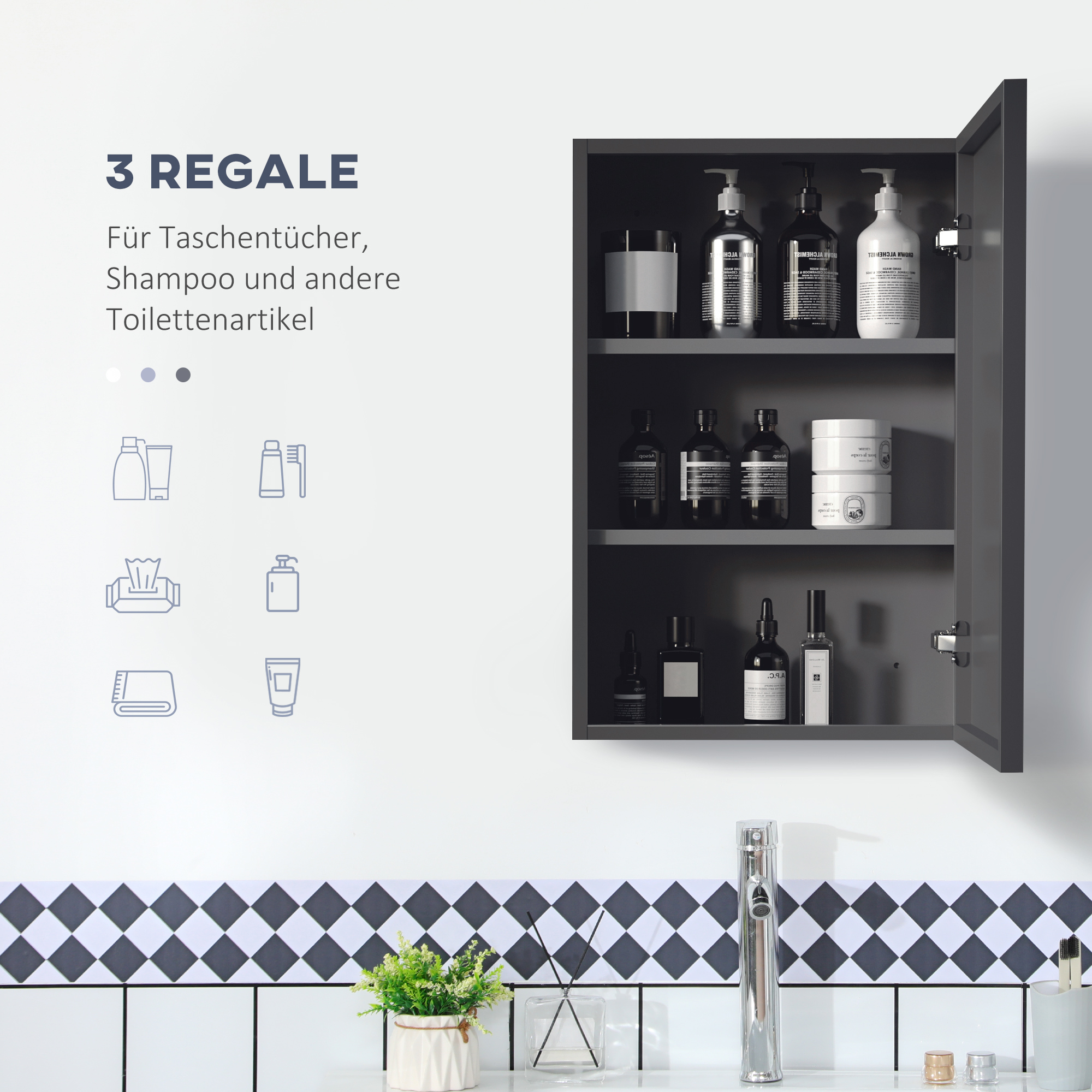 Spiegelschrank, 3 Regalfächer, weiche Scharniere, Stahlgehäuse, schwarz, 40 x 15 x 60 cm