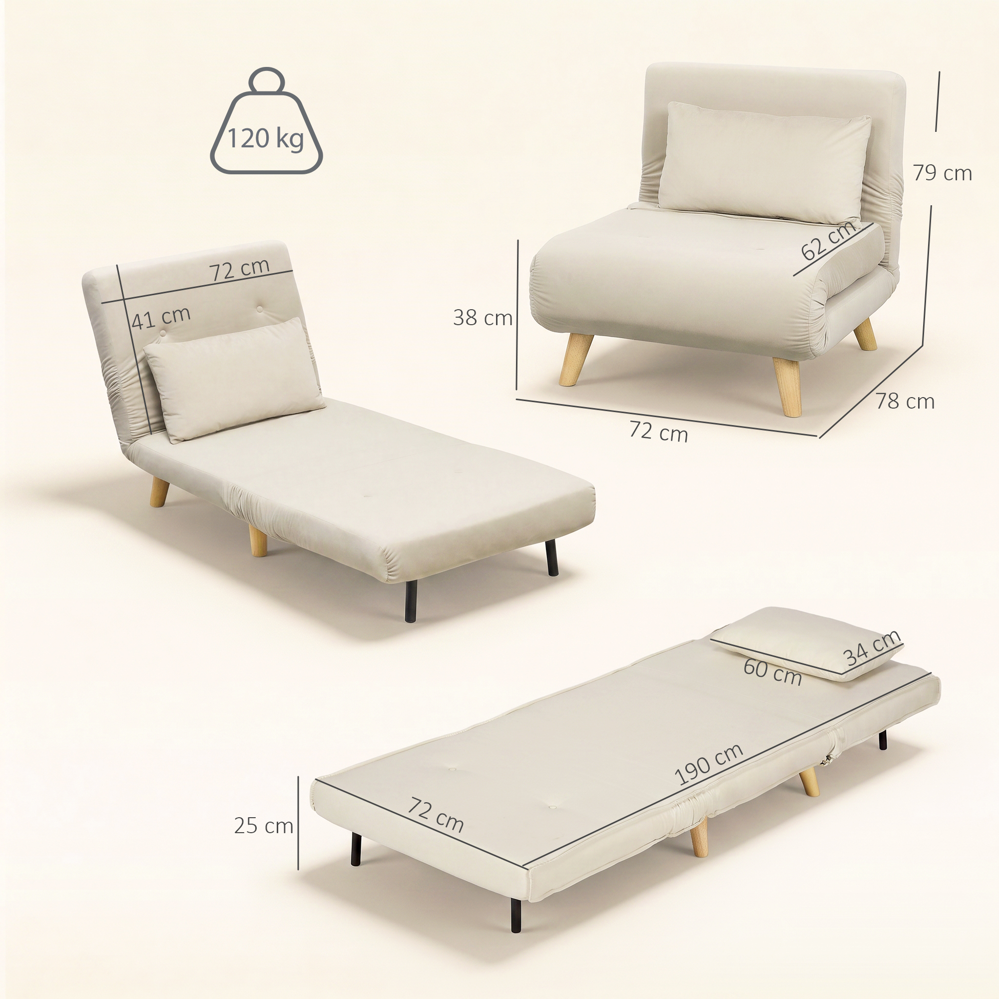3-in-1 Schlafsessel, Klappsessel mit Schlaffunktion, verstellbare Click-Clack-Rückenlehne, Beige